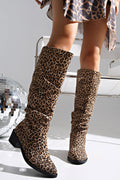 Leopard Print Round Toe Slouchy Block Heel Knee High Boots