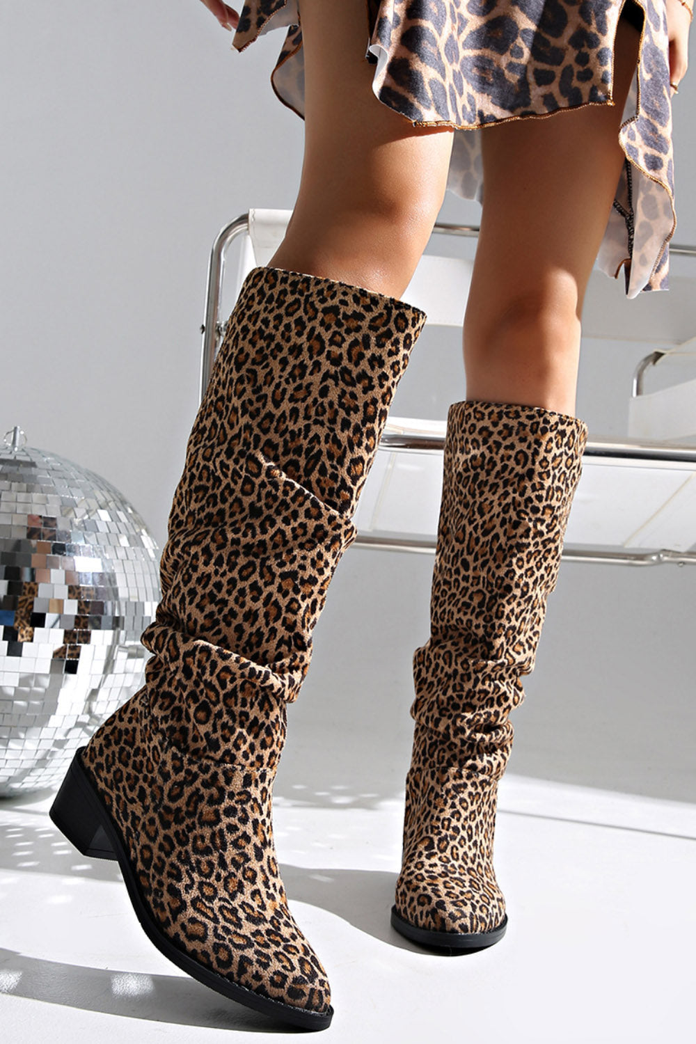 Leopard Print Round Toe Slouchy Block Heel Knee High Boots