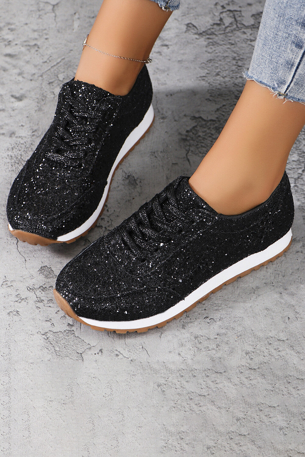 Casual Fashion Sequins Glitter Lace Up Running Shoes Sneakers