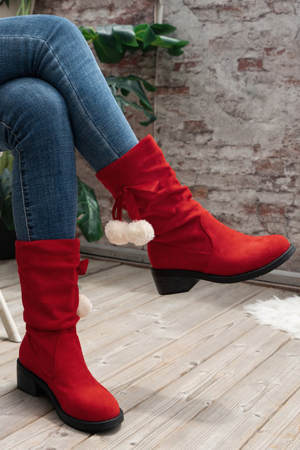 Christmas Red Bow Thick Heel Suede Fashion Boots