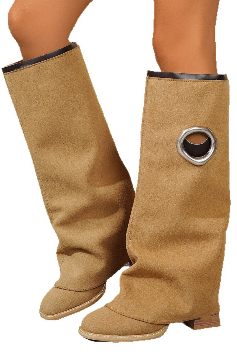 Metallic Eyelet Slouchy Round Toe Fold Block Heel Knee High Boots