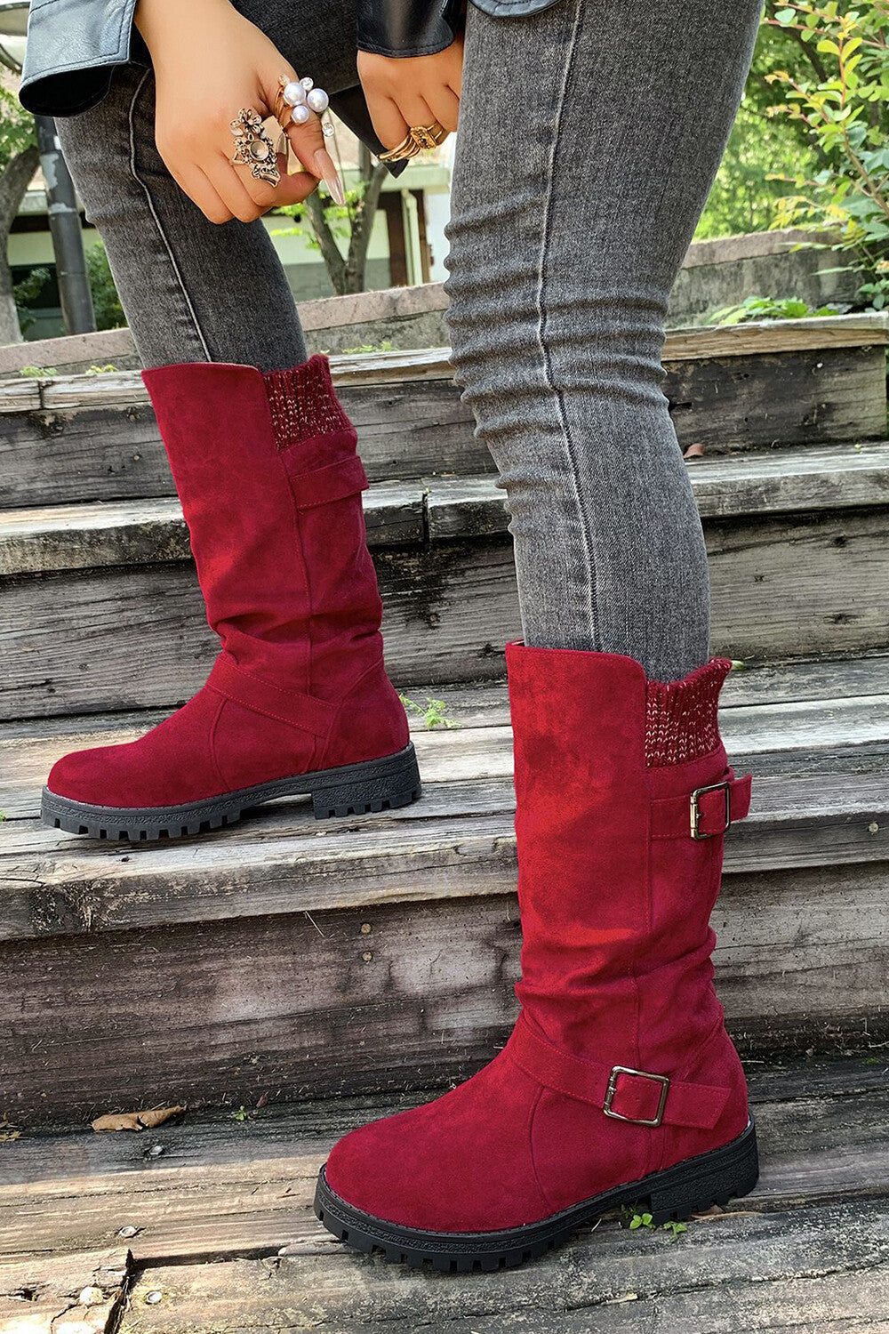Retro Solid Color Round Toe Thick Heel Belt Buckle Suede Boots