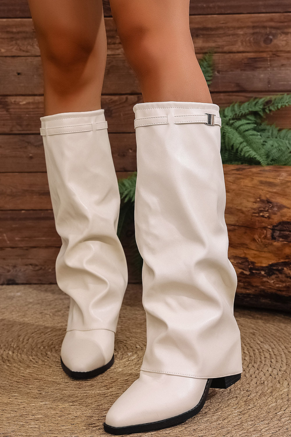 Daily Pointed Toe Folded Slouchy Strap PU Leather Chunky Heel Knee High Boots