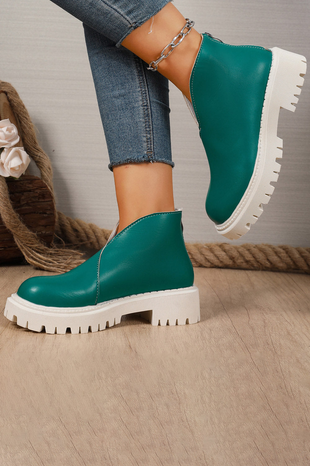 Platform V Cut Round Toe Back Zipper Ankle Boots