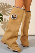Metallic Eyelet Slouchy Round Toe Fold Block Heel Knee High Boots