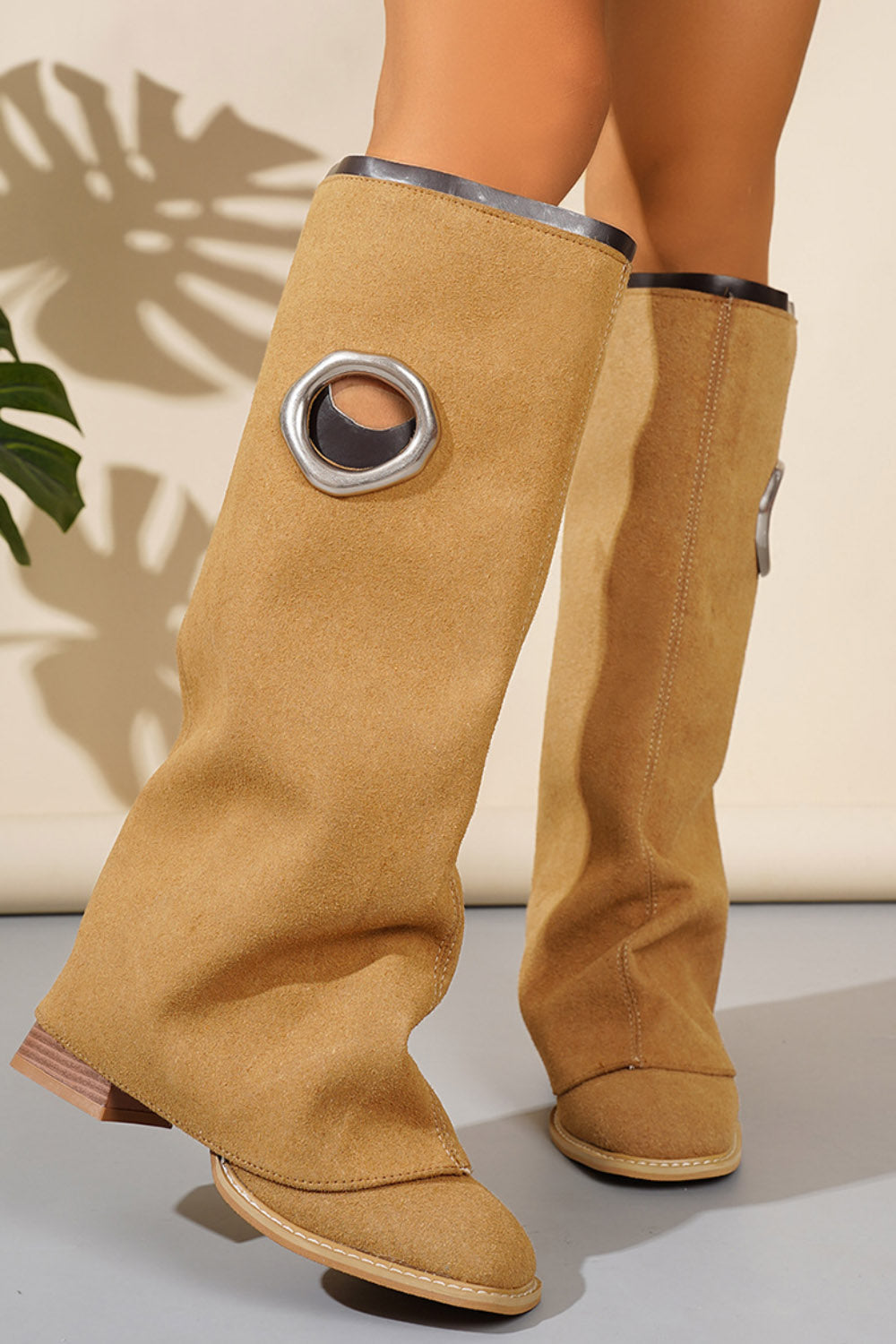 Metallic Eyelet Slouchy Round Toe Fold Block Heel Knee High Boots
