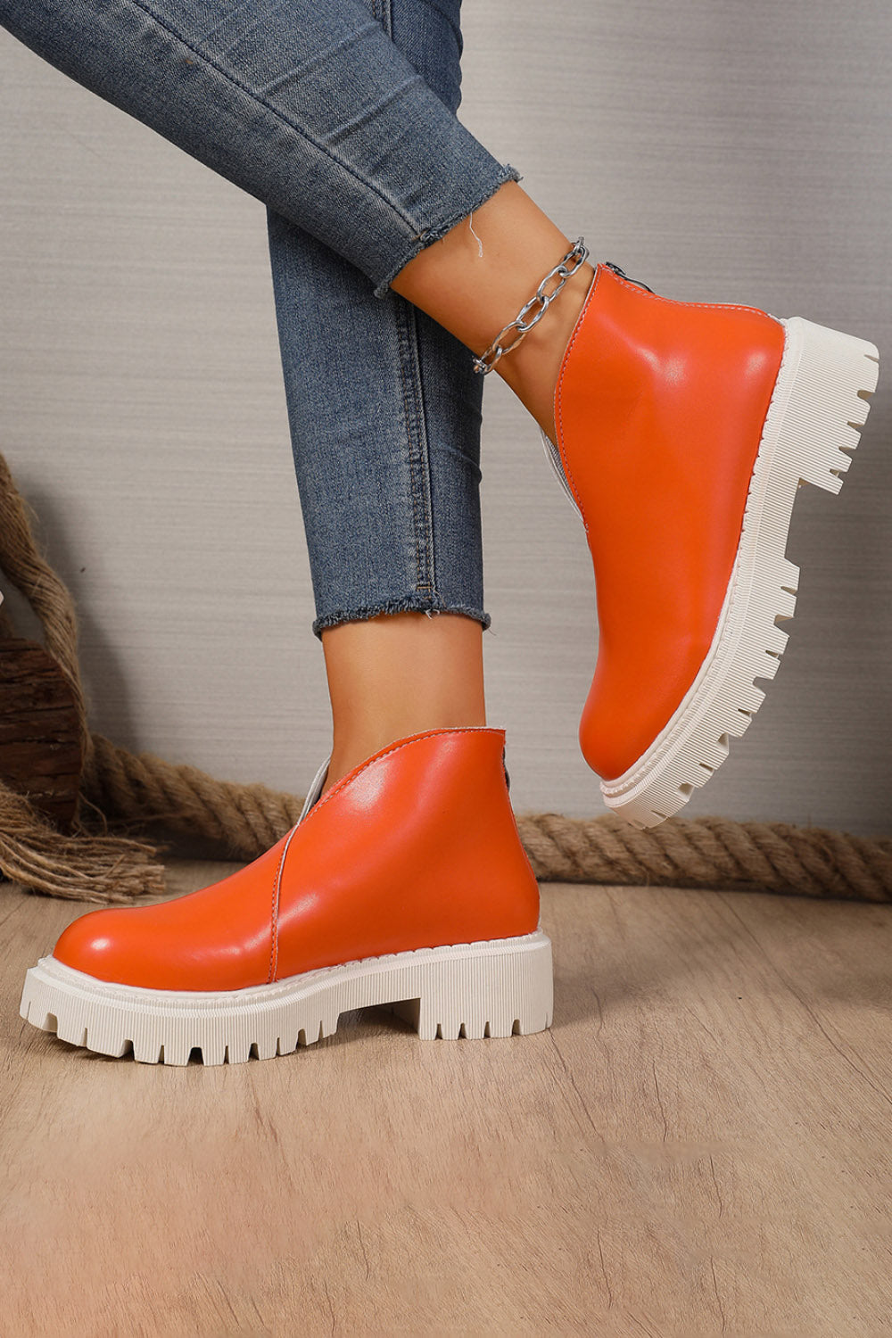 Platform V Cut Round Toe Back Zipper Ankle Boots