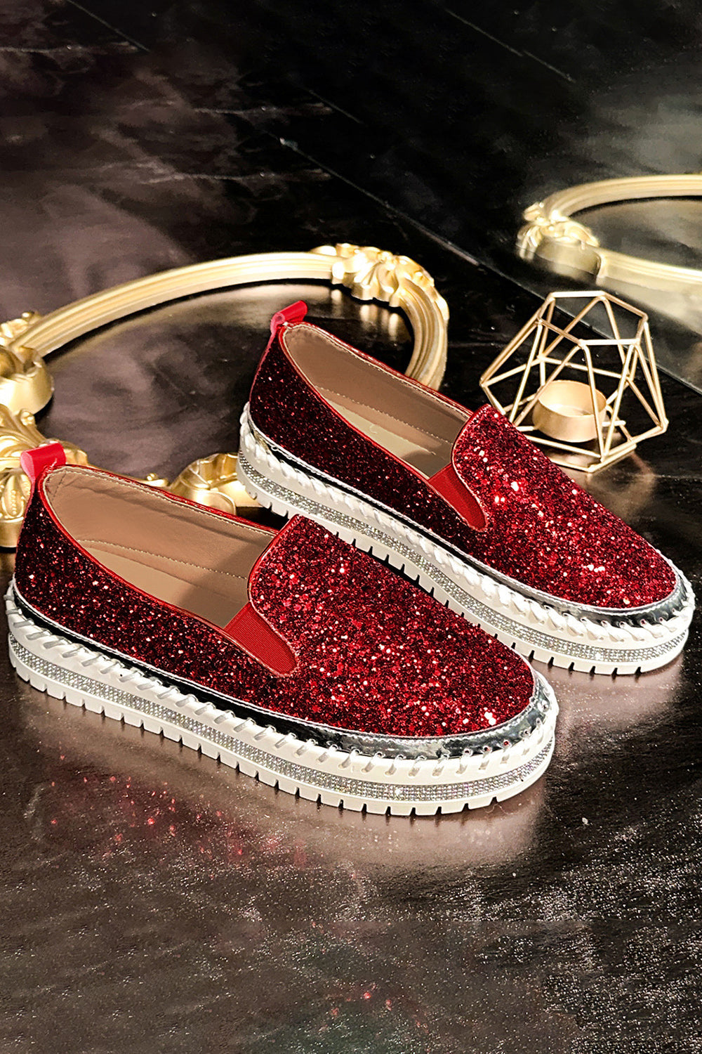 Solid Color Slip On Glitter Platform Casual Shoes