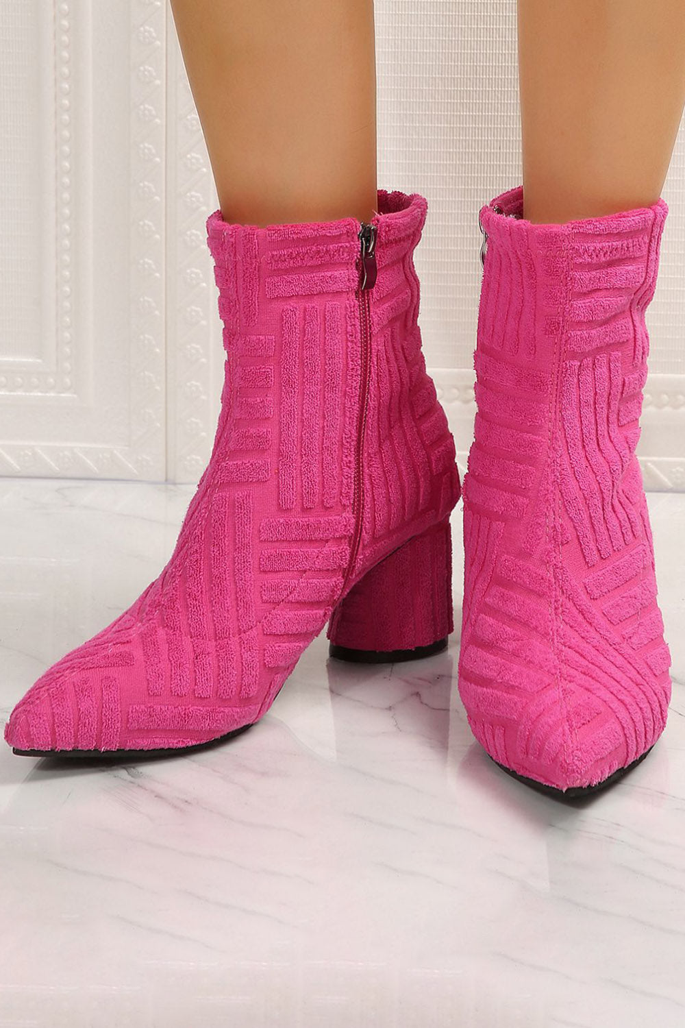 Daily Textured Pointy Toe Side Zipper Chunky Heel Ankle Boots