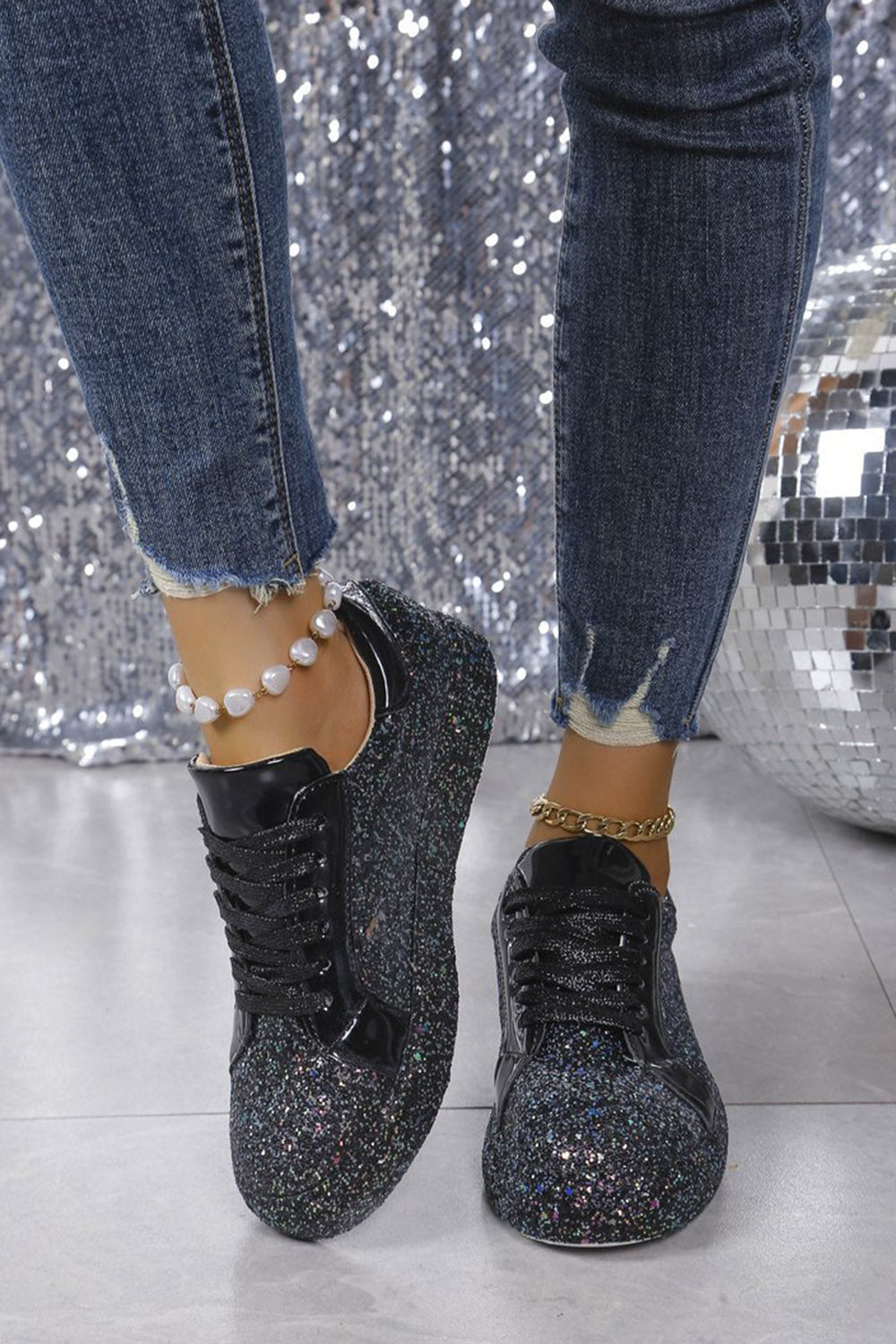 Daily Black Sparkly Sequin Lace-Up Casual Shoes