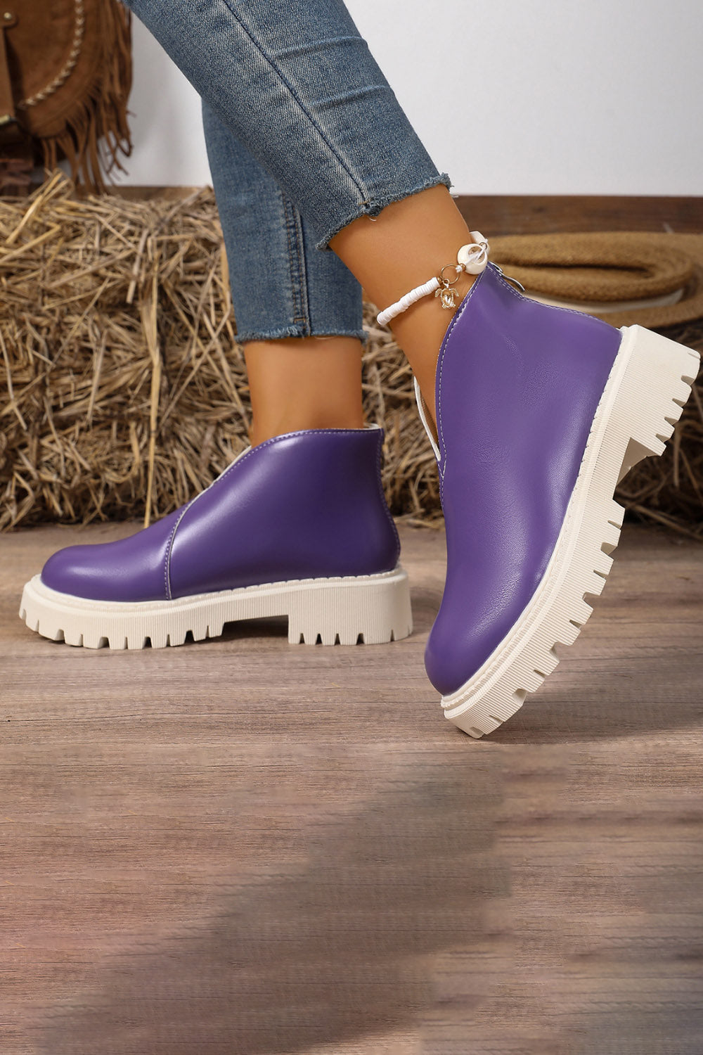 Platform V Cut Round Toe Back Zipper Ankle Boots