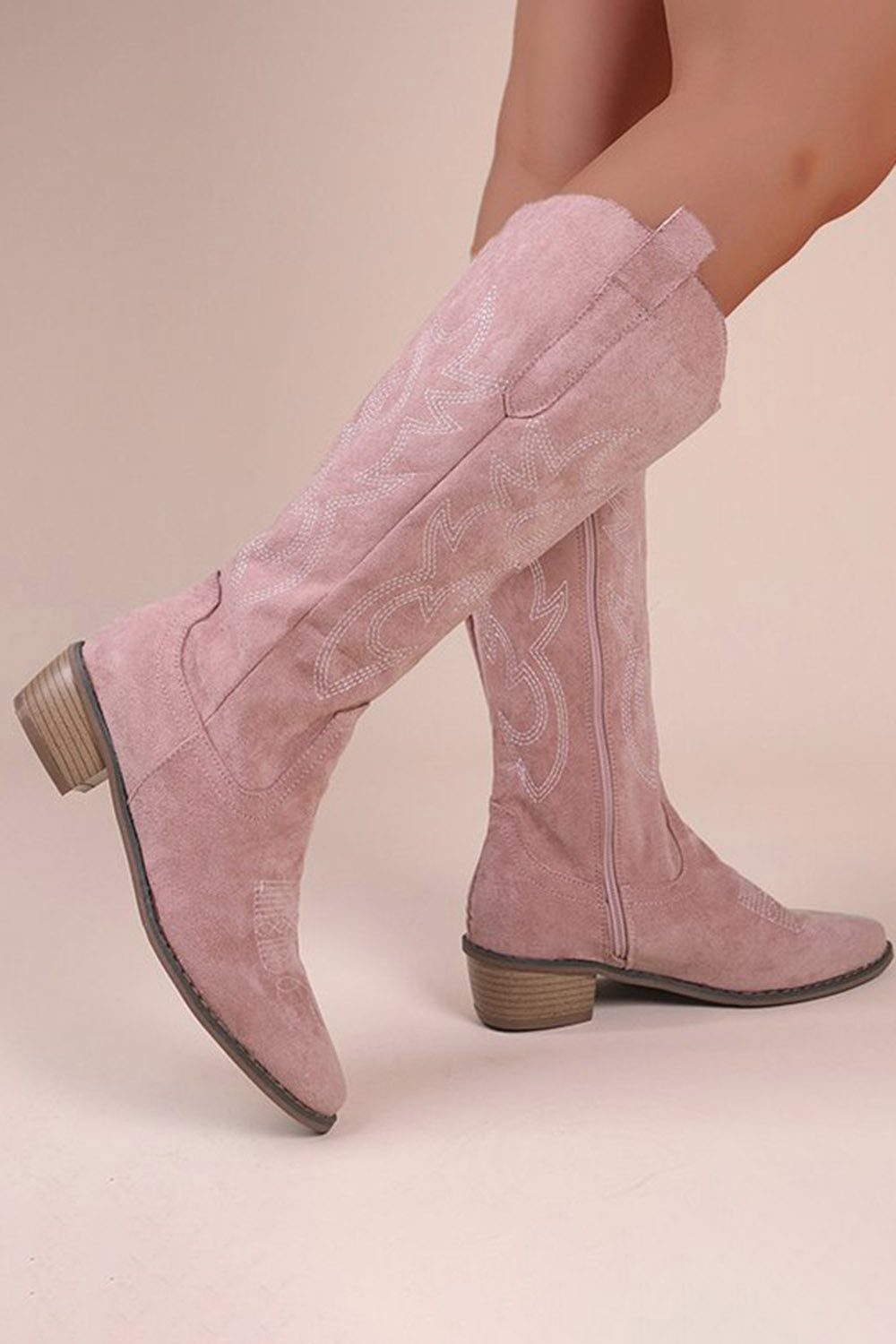 Vintage Khaki Embroidered Pointed Toe V-Cut Boots