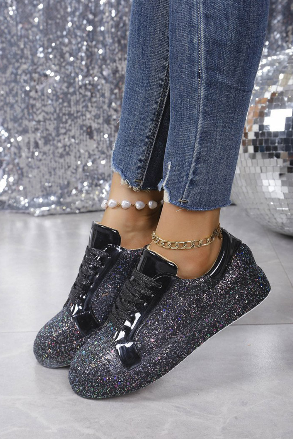 Daily Black Sparkly Sequin Lace-Up Casual Shoes