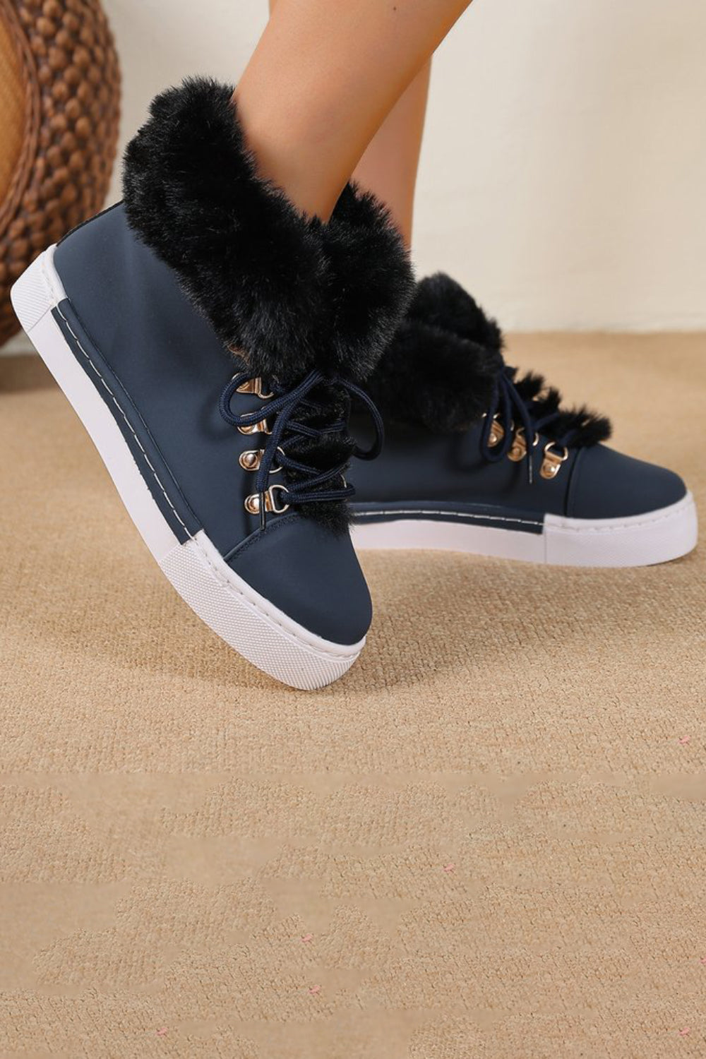 Daily Green Fuzzy Plush Lined Faux Fur Lace Up Round Toe Ankle Boots