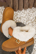 Fur Trimmed Plush Lined Strap Buckle Decor Round Toe Ankle Boots
