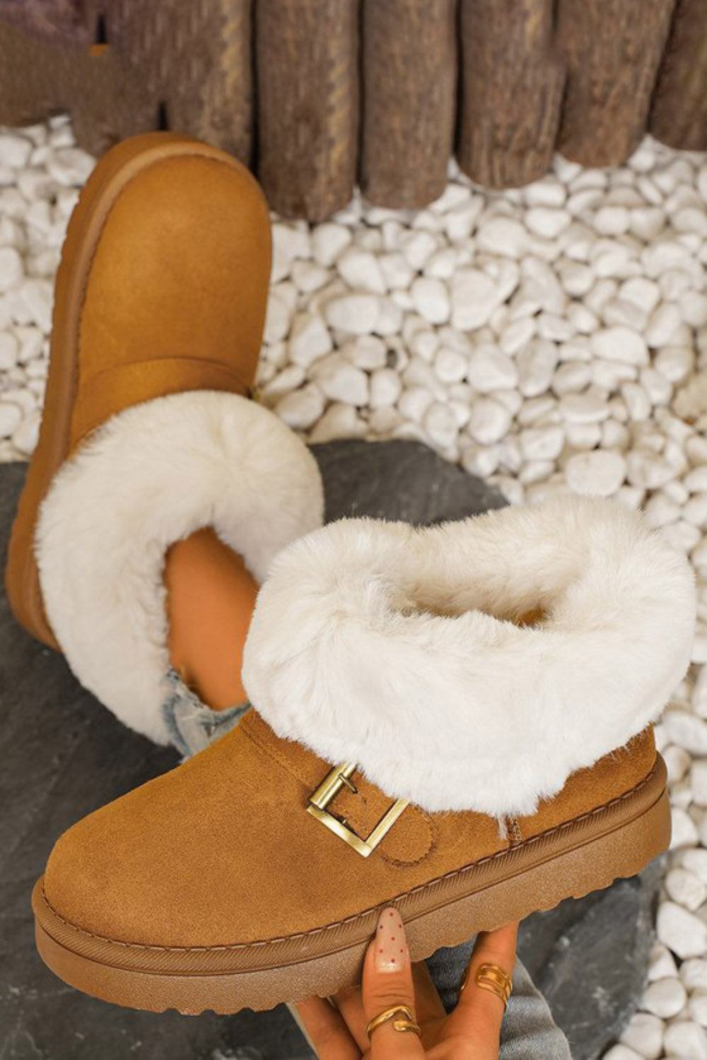 Fur Trimmed Plush Lined Strap Buckle Decor Round Toe Ankle Boots