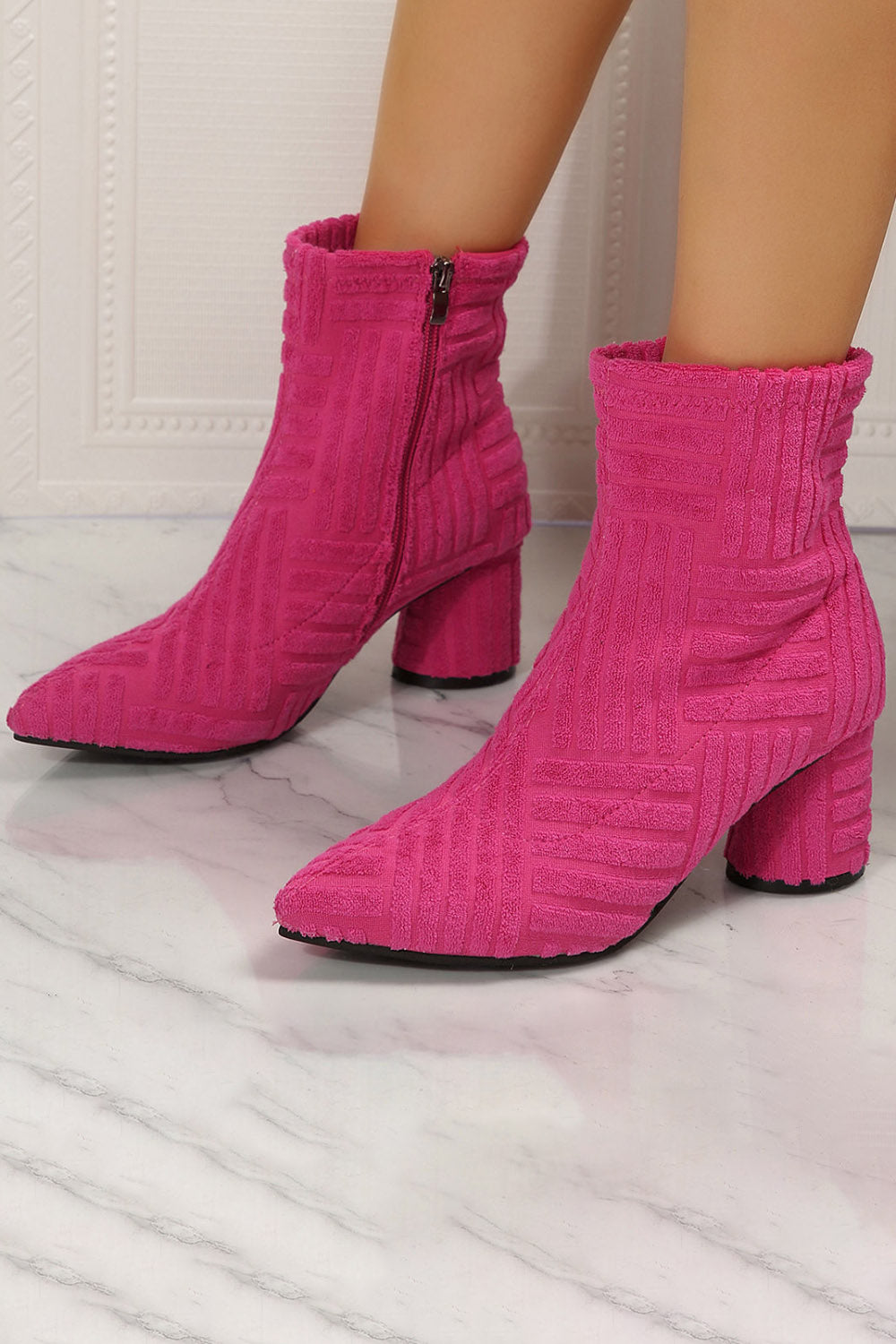 Daily Textured Pointy Toe Side Zipper Chunky Heel Ankle Boots