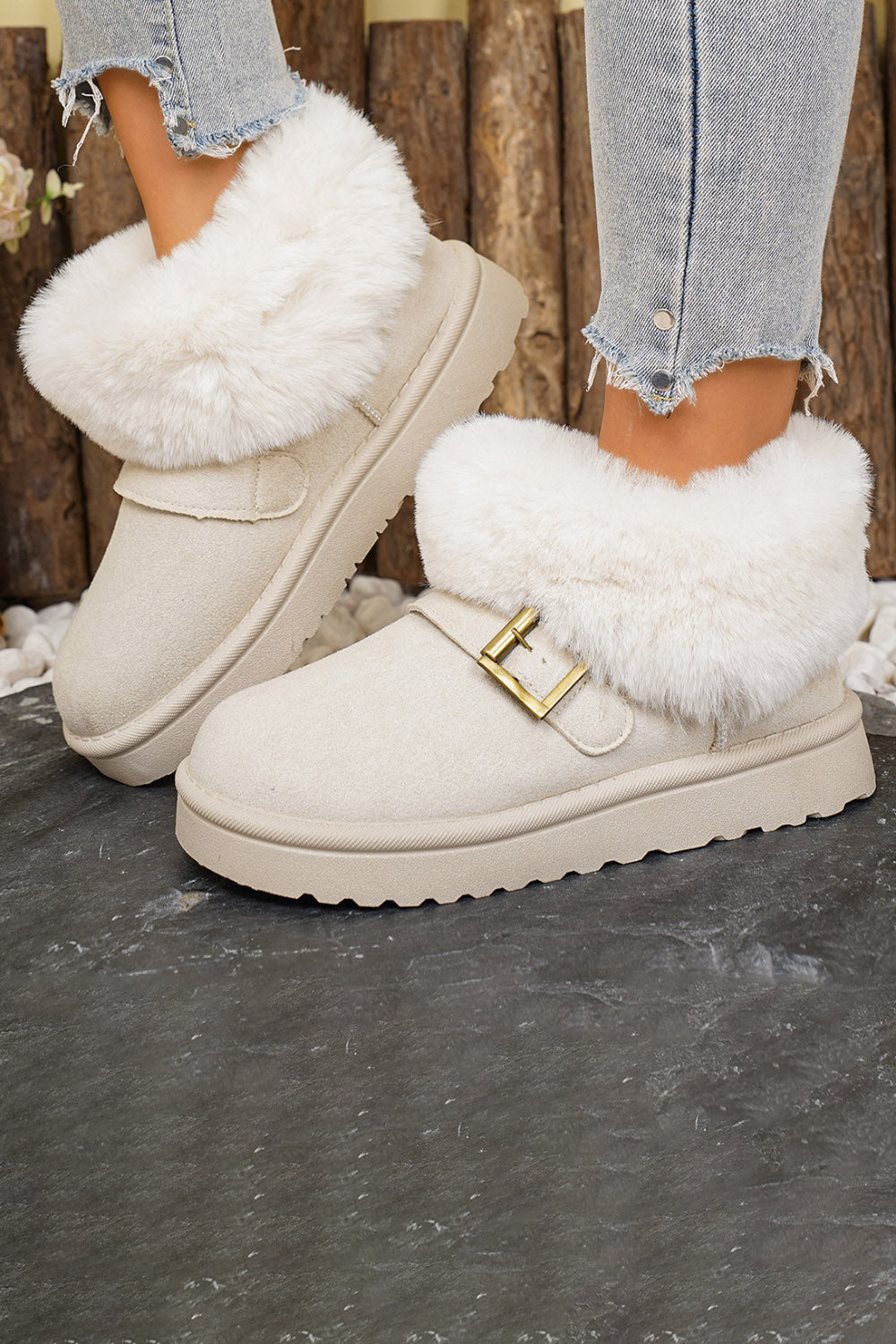Fur Trimmed Plush Lined Strap Buckle Decor Round Toe Ankle Boots