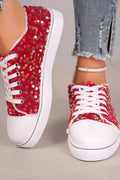 Daily Red Flat Bottom Lace Up Sequin Casual Shoes