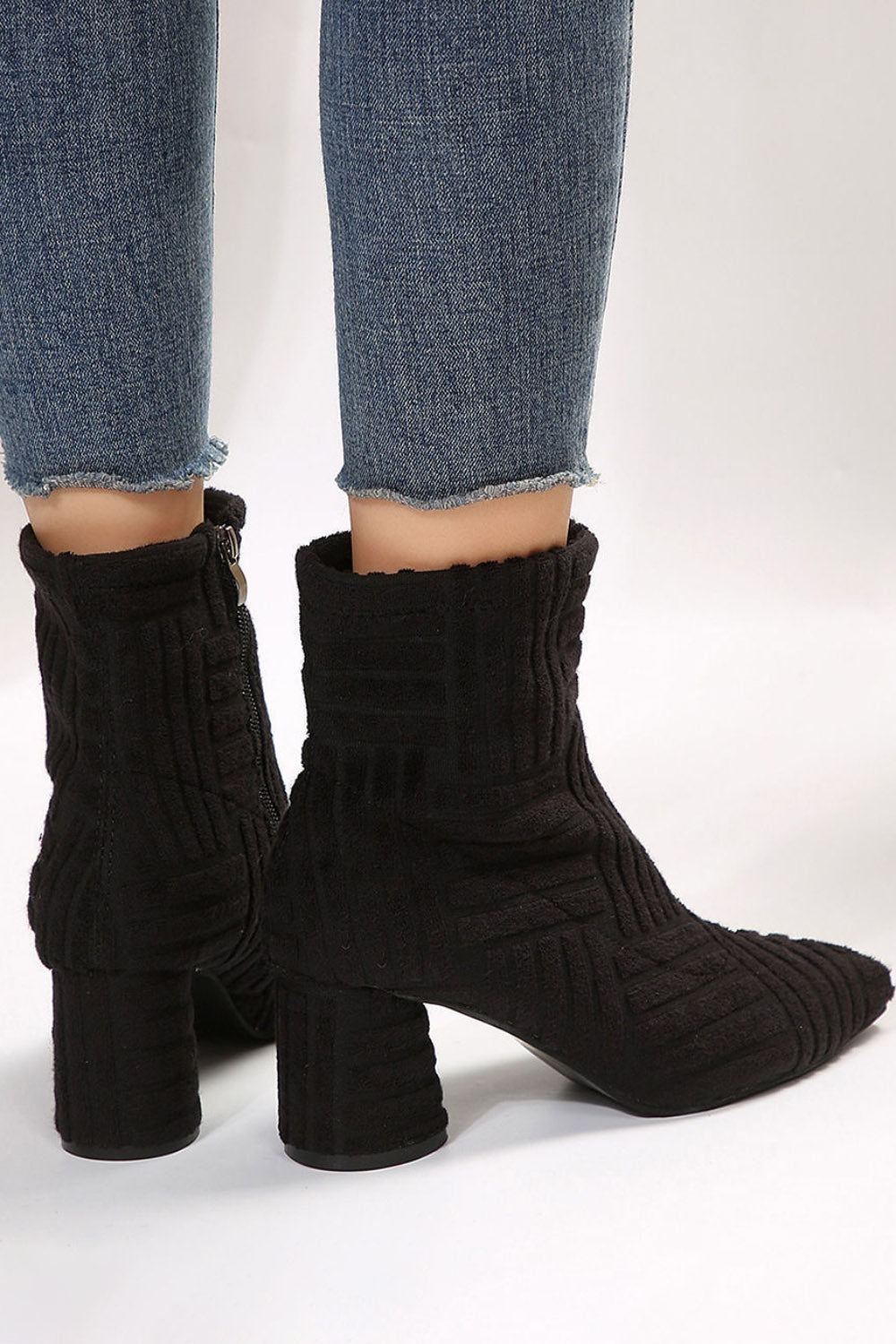 Daily Textured Pointy Toe Side Zipper Chunky Heel Ankle Boots