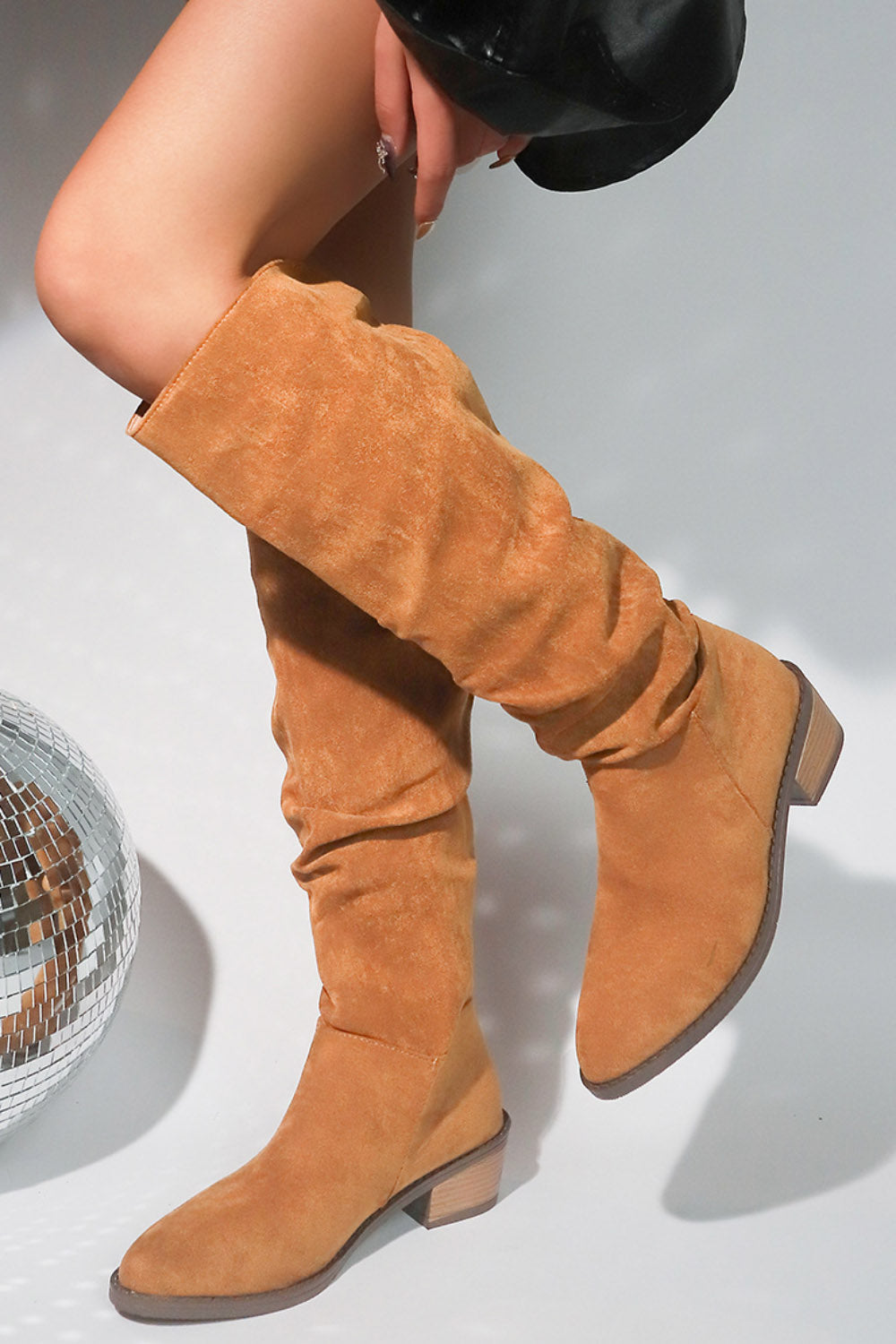 Leopard Print Round Toe Slouchy Block Heel Knee High Boots