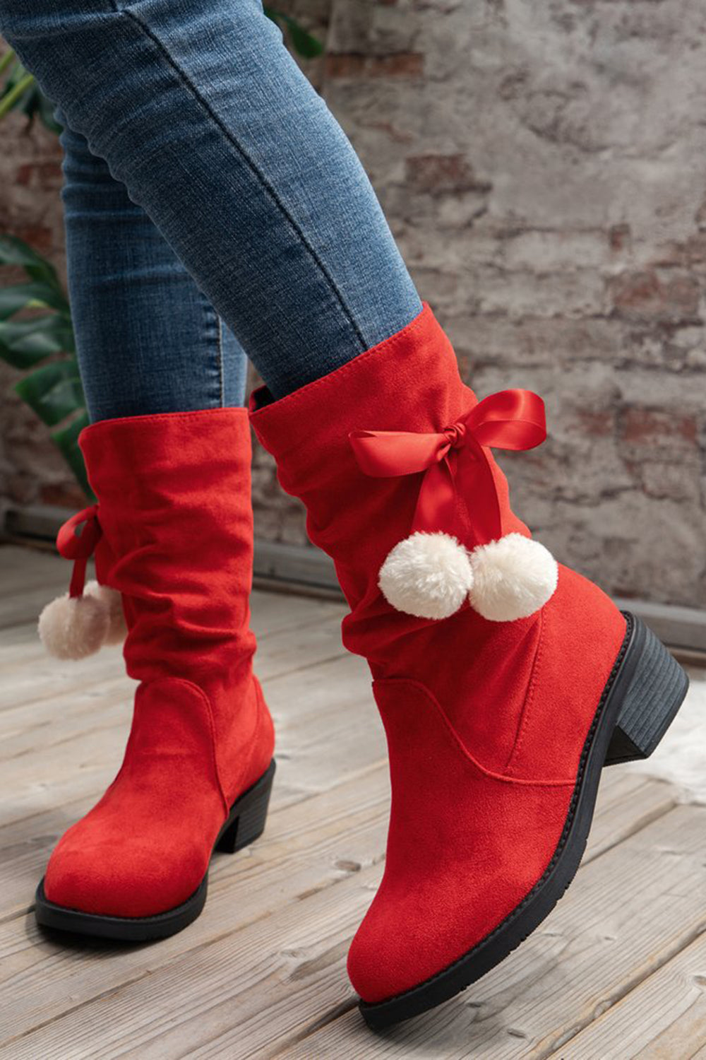 Christmas Red Bow Thick Heel Suede Fashion Boots