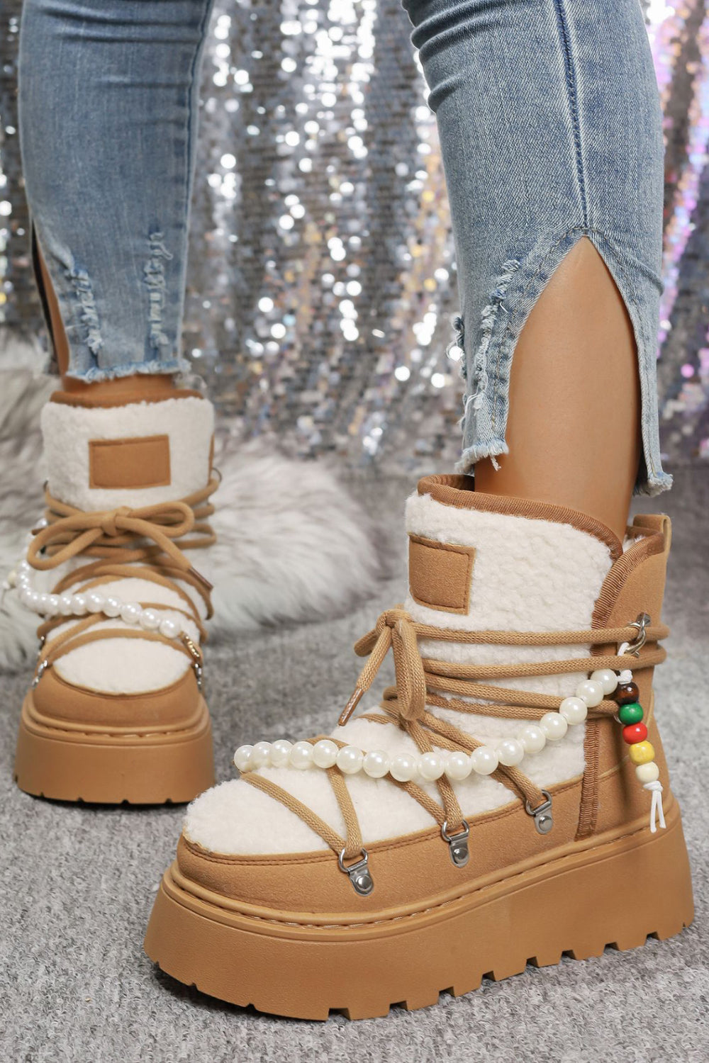 Daily Black Faux Fur Pearl Beads Strap Lace Up Platform Round Toe Boots