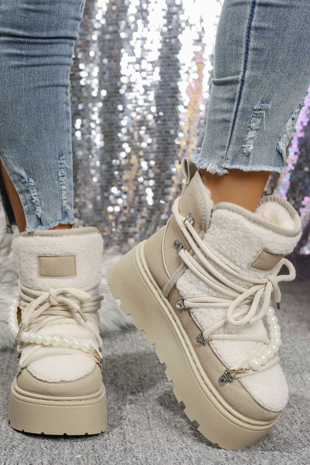 Daily Black Faux Fur Pearl Beads Strap Lace Up Platform Round Toe Boots