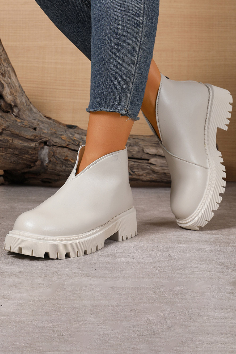 Platform V Cut Round Toe Back Zipper Ankle Boots