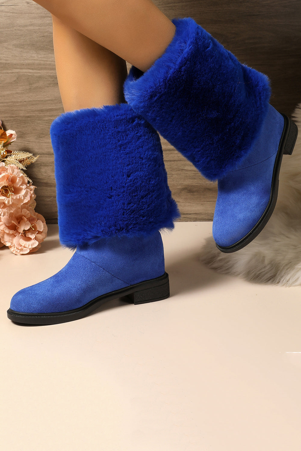 Daily Orange Plain Faux Fur Foldover Round Toe Block Heel Mid Calf Boots