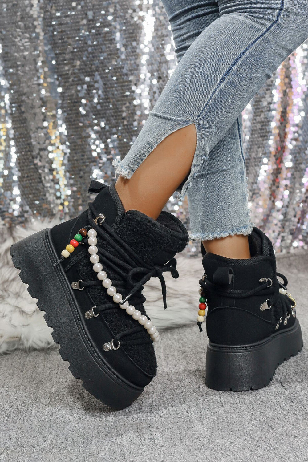 Daily Black Faux Fur Pearl Beads Strap Lace Up Platform Round Toe Boots