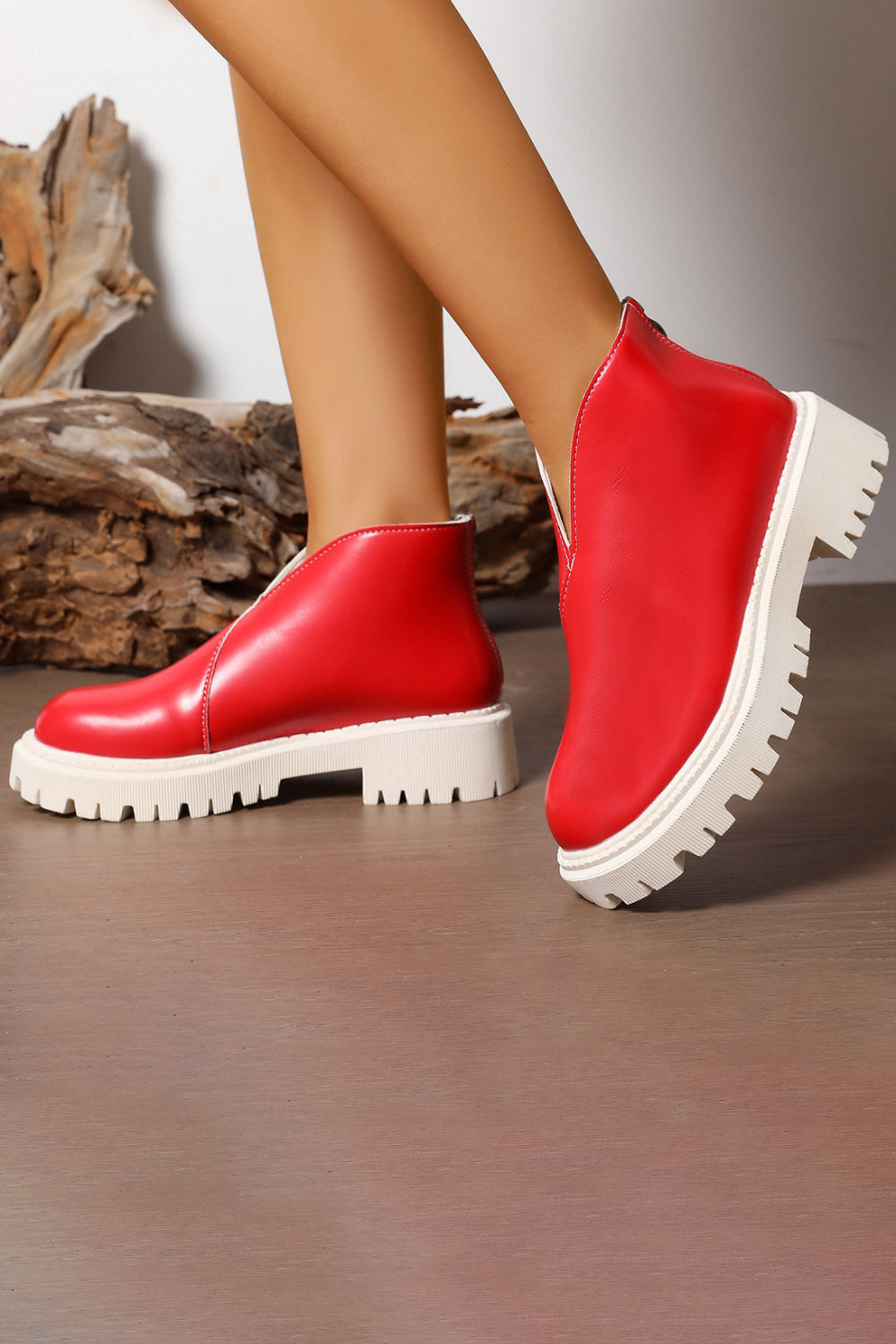 Platform V Cut Round Toe Back Zipper Ankle Boots