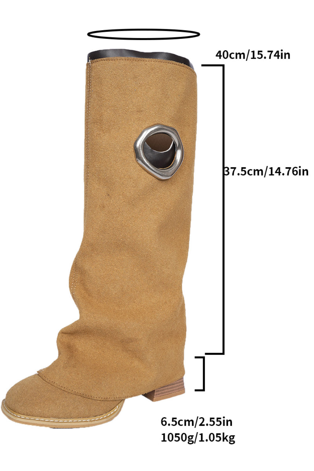Metallic Eyelet Slouchy Round Toe Fold Block Heel Knee High Boots