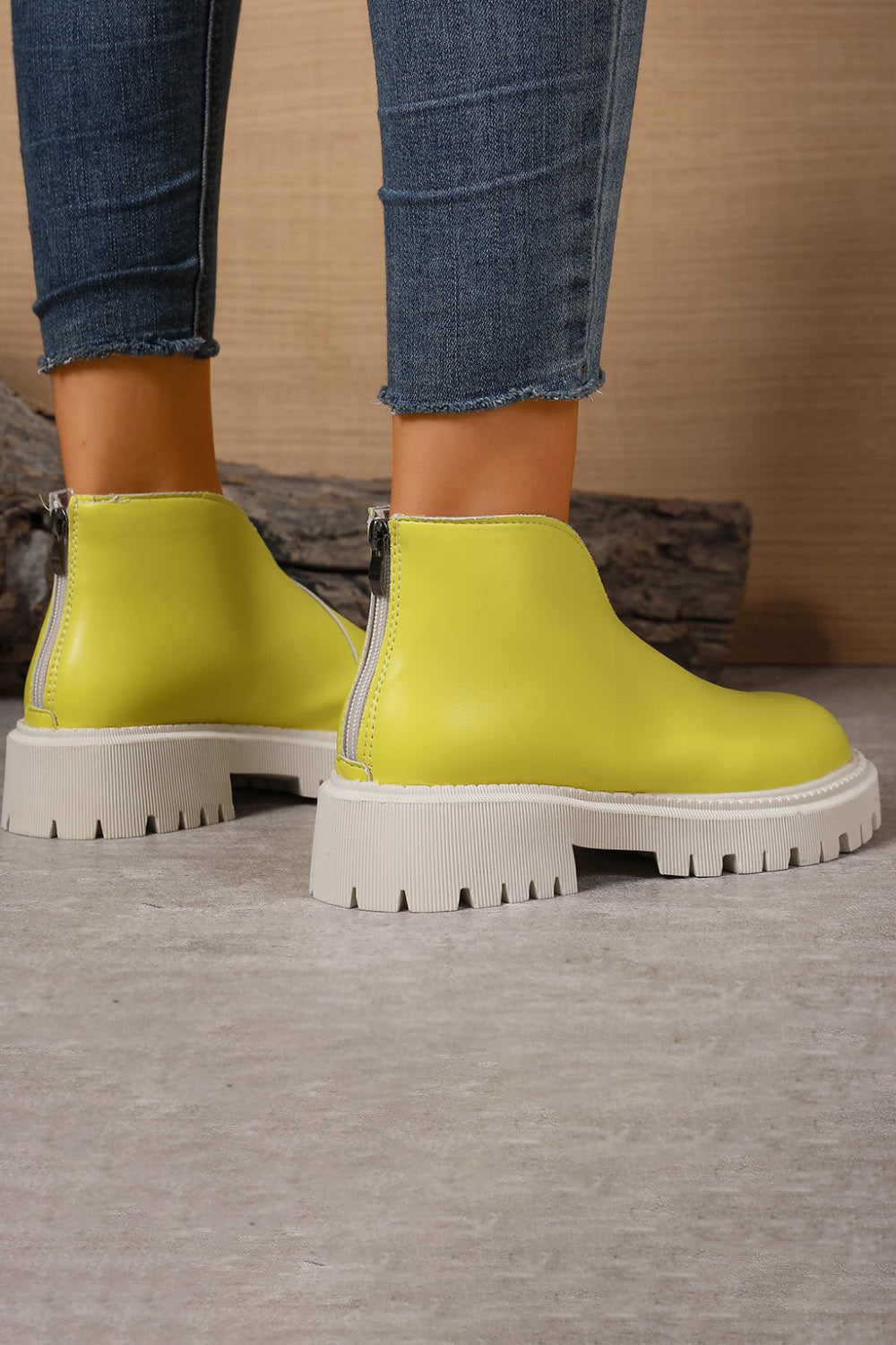 Platform V Cut Round Toe Back Zipper Ankle Boots