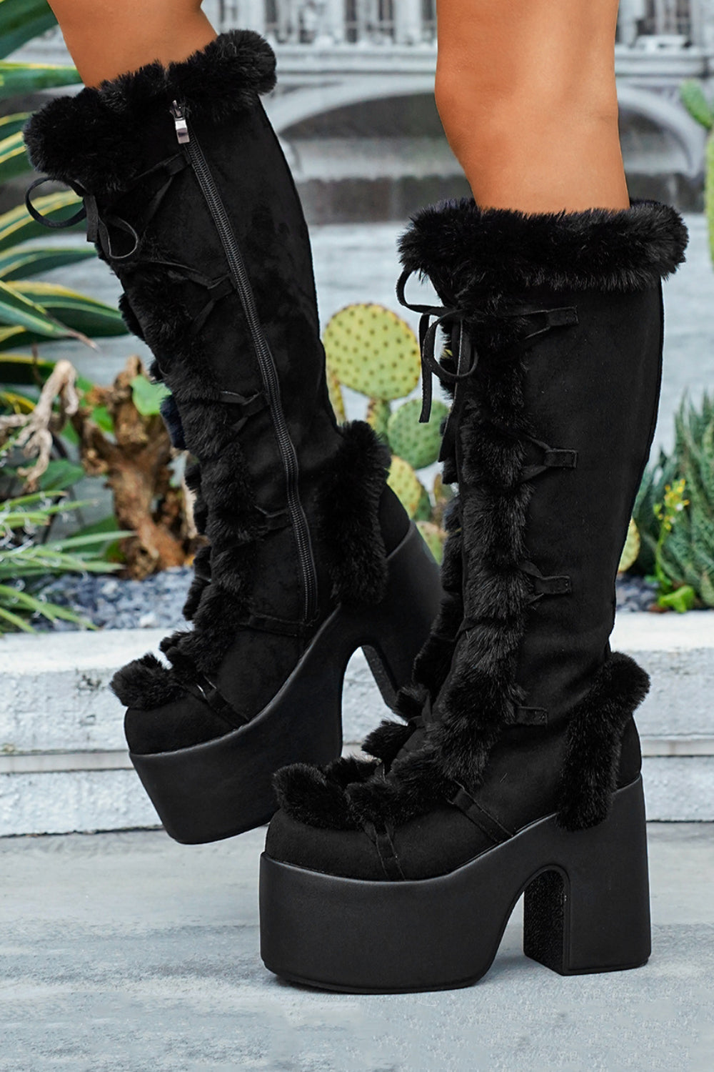 Daily Khaki Faux Fur Patchwork Platform Lace Up Chunky Heel Knee High Boots