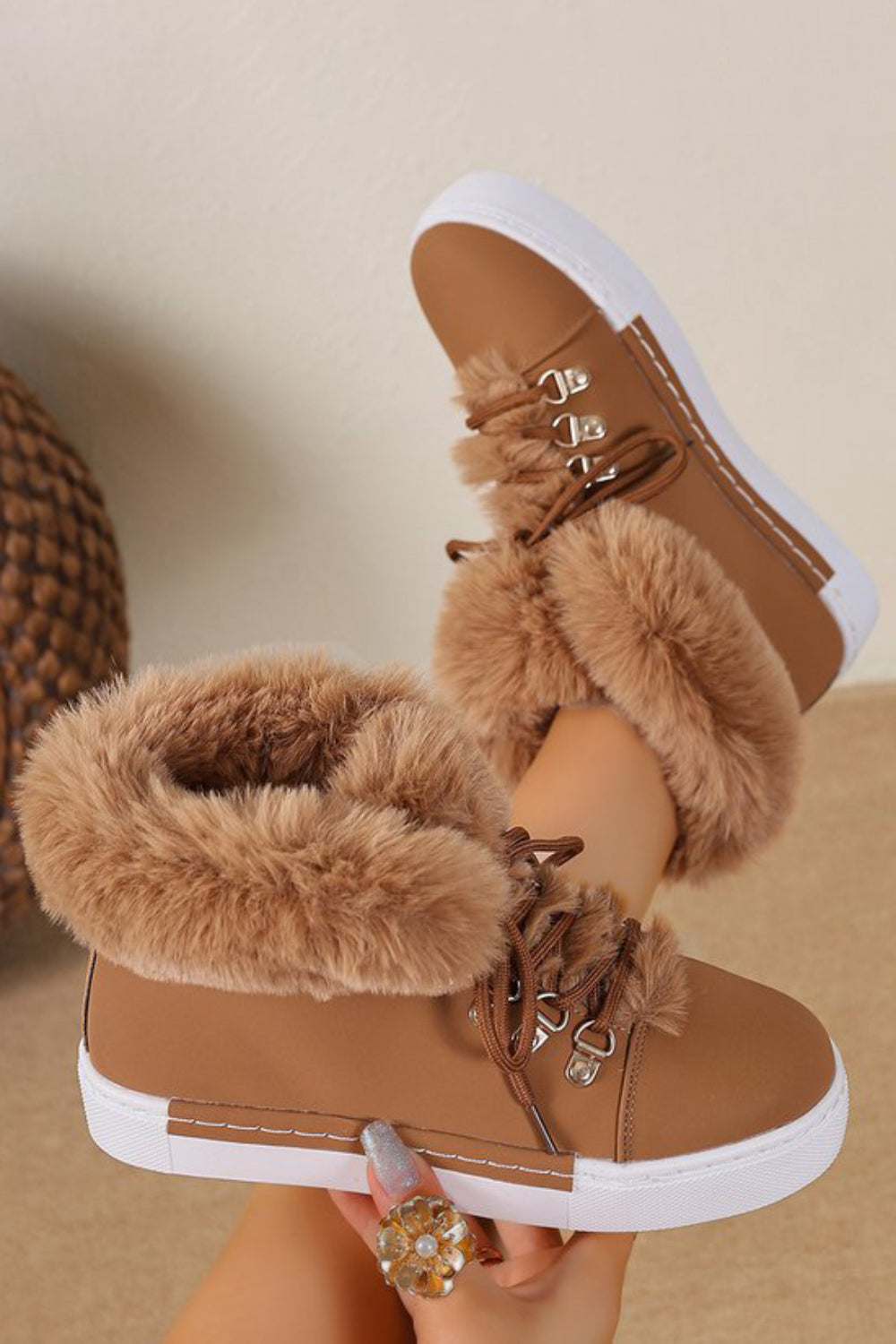 Daily Green Fuzzy Plush Lined Faux Fur Lace Up Round Toe Ankle Boots