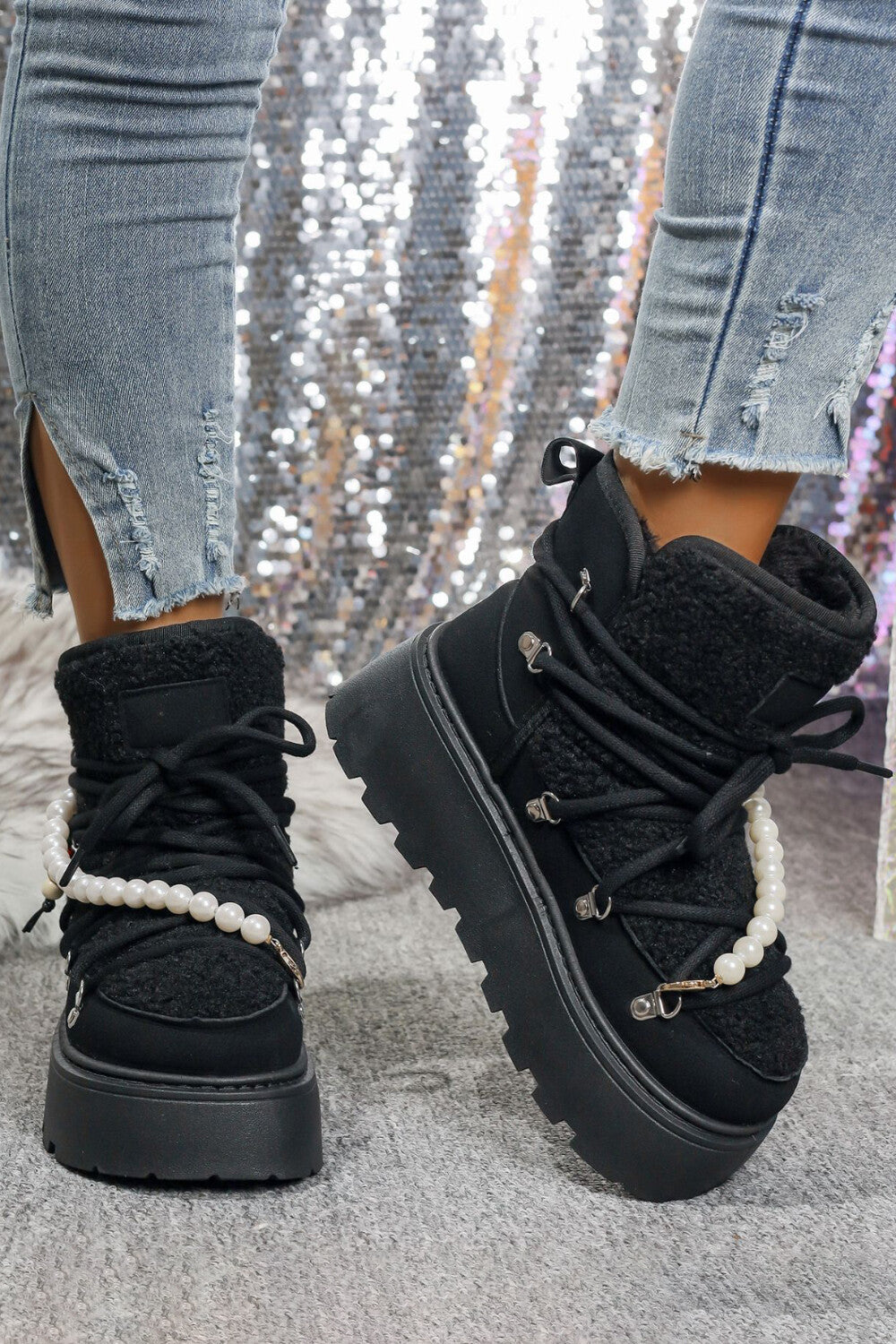 Daily Black Faux Fur Pearl Beads Strap Lace Up Platform Round Toe Boots