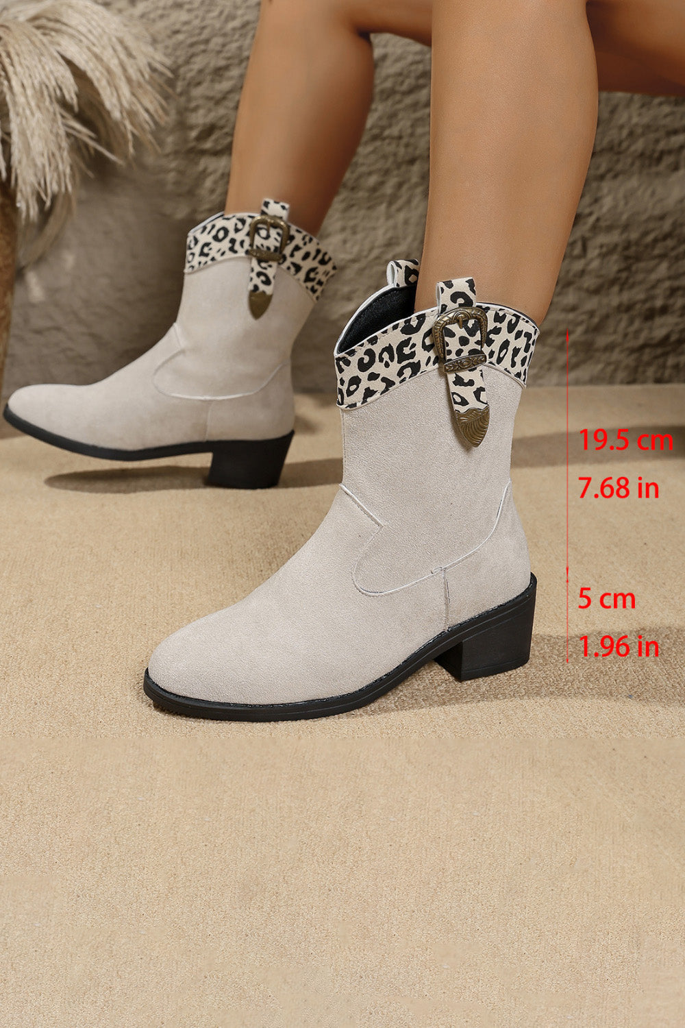 Daily Beige Leopard Print Patchwork Pointy Toe Western Ankle Boots