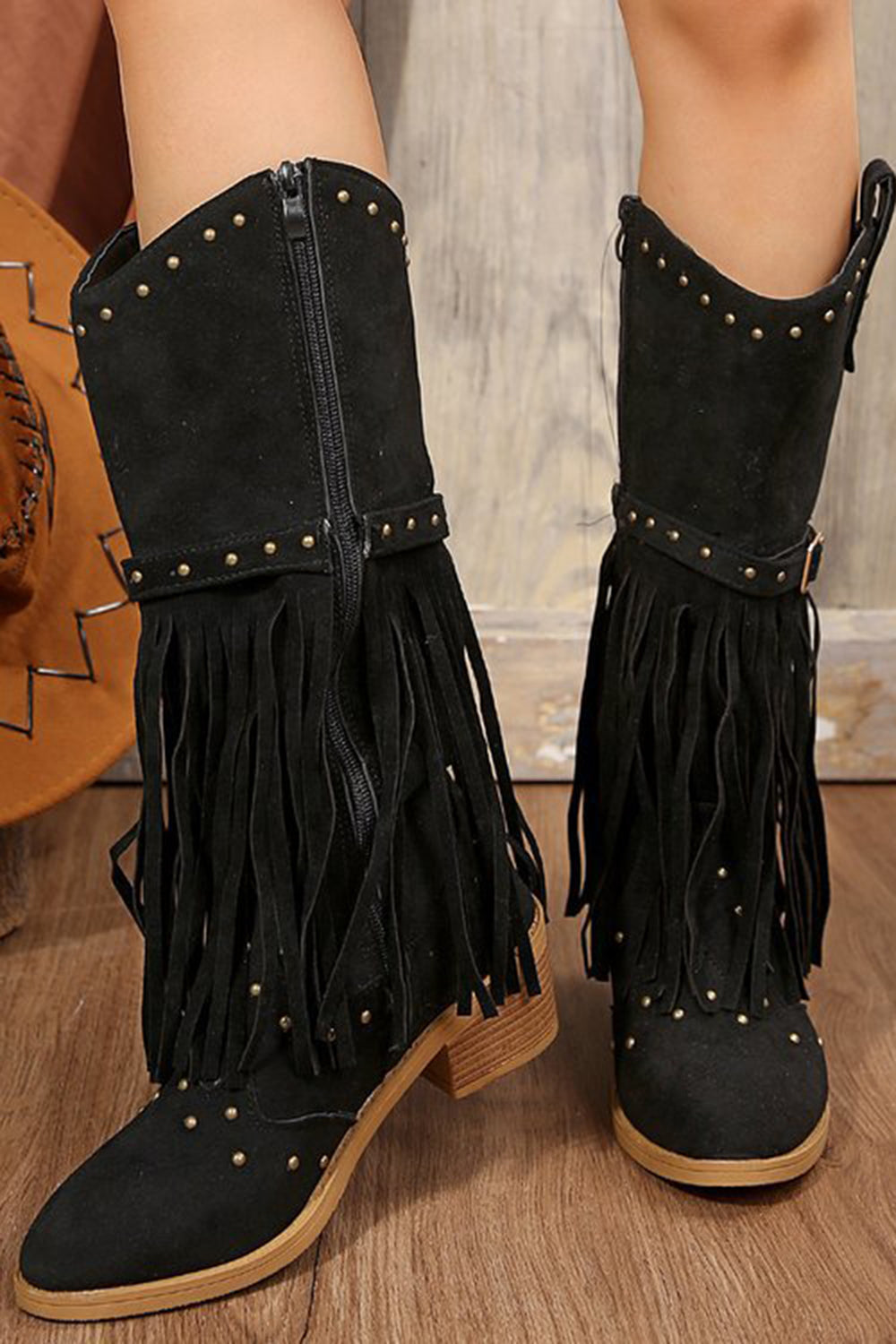Vintage Black Chunky Heel Tassel Rivet Decor Zipper V-Cut Boots