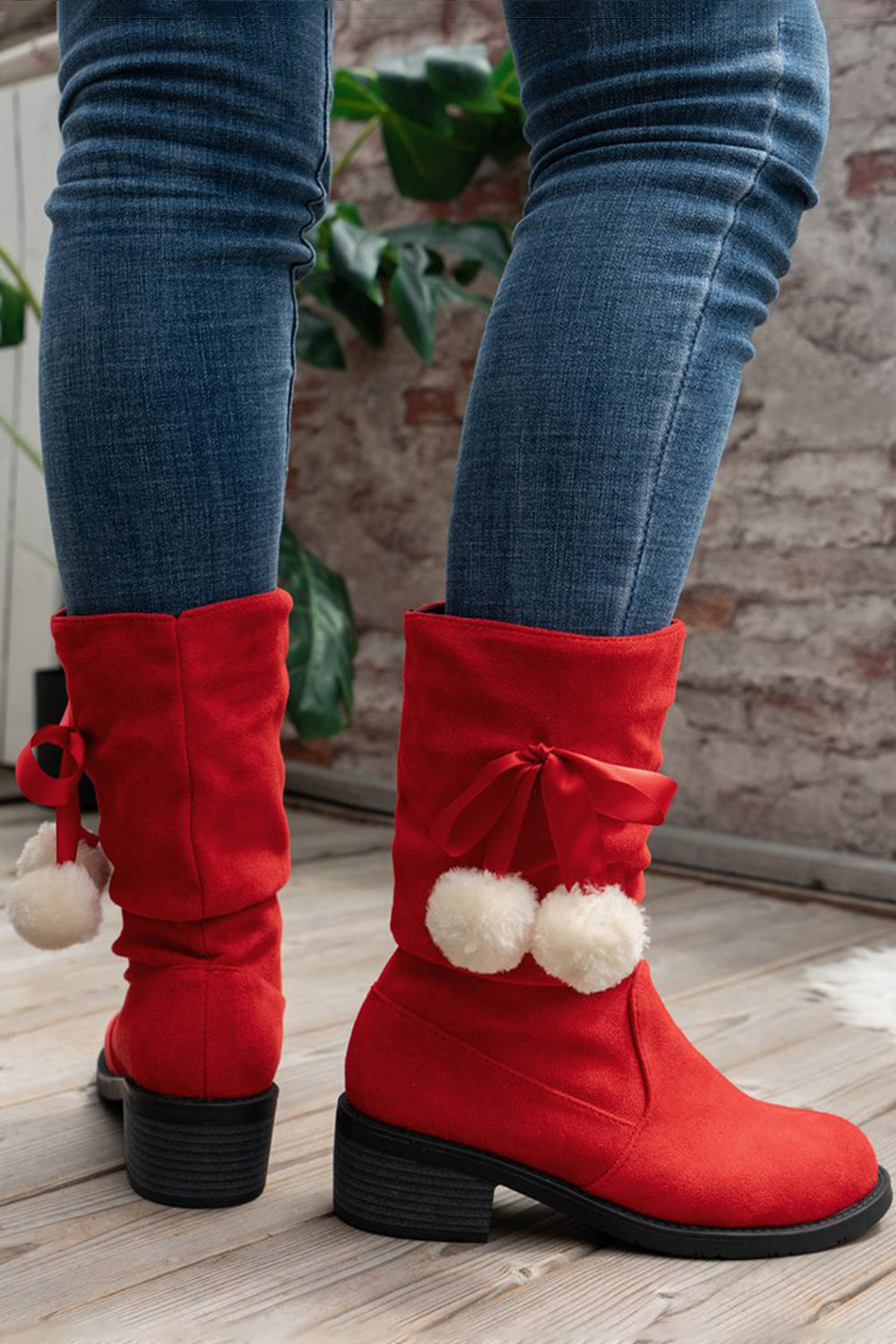 Christmas Red Bow Thick Heel Suede Fashion Boots
