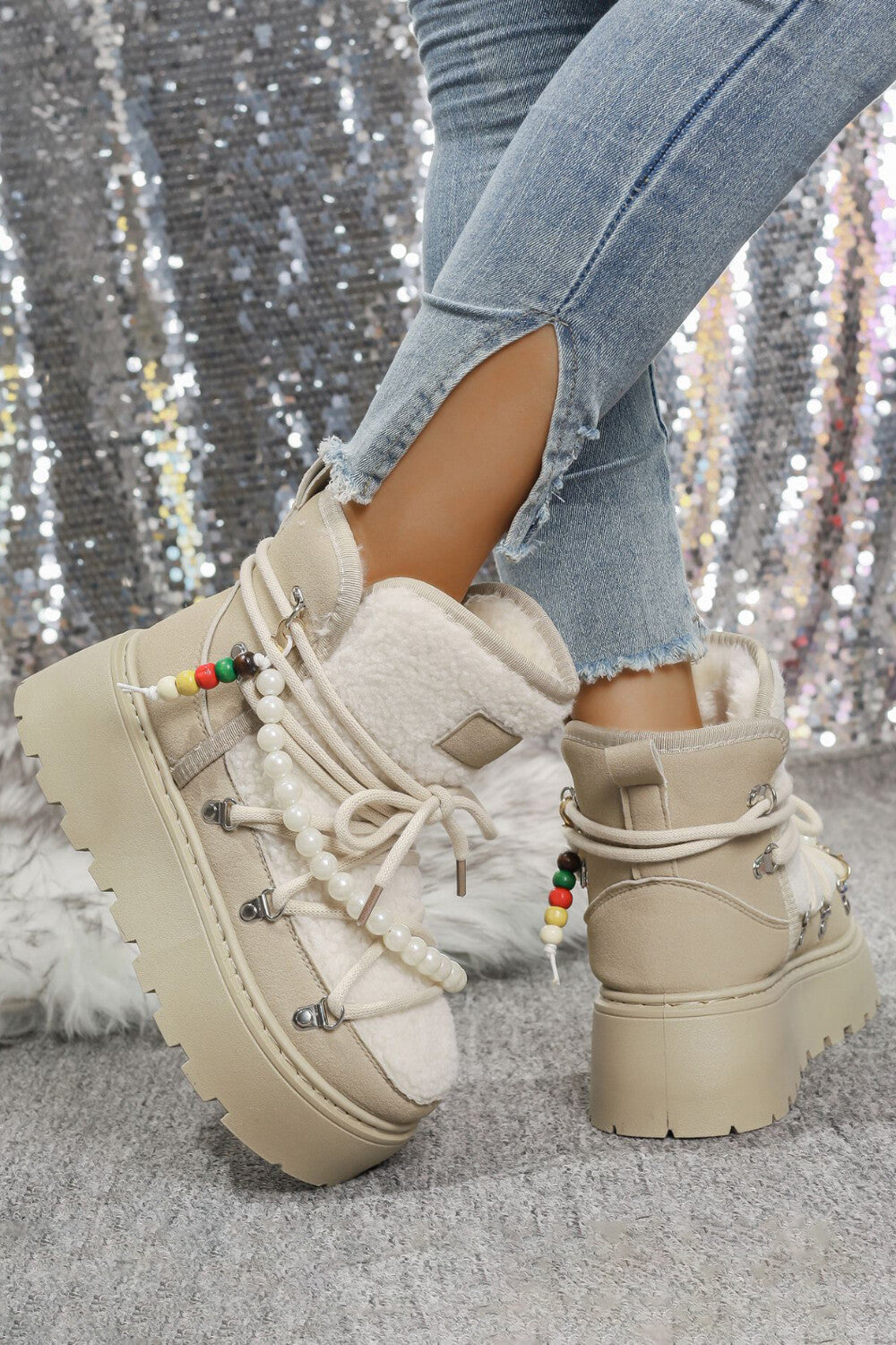 Daily Black Faux Fur Pearl Beads Strap Lace Up Platform Round Toe Boots