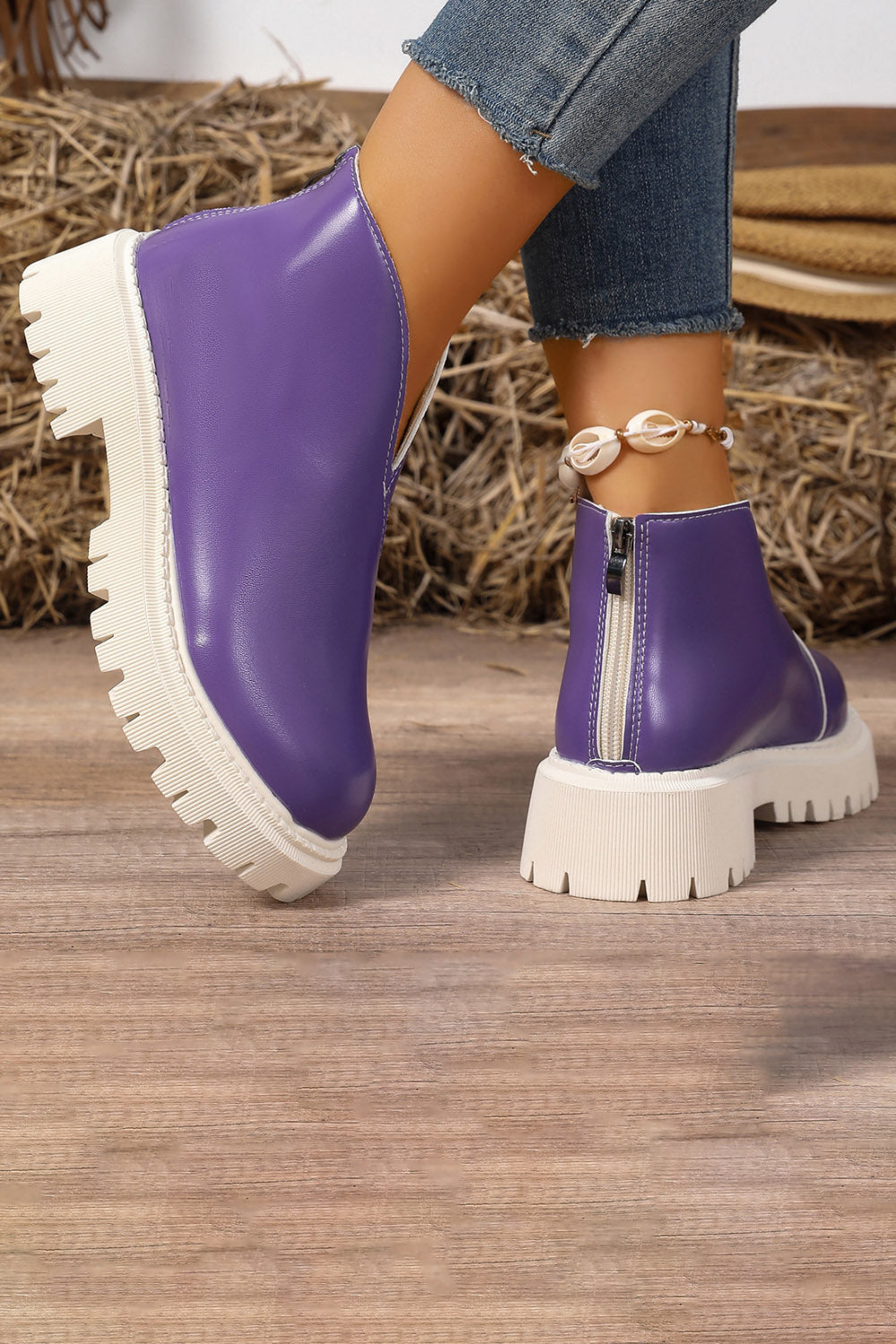 Platform V Cut Round Toe Back Zipper Ankle Boots