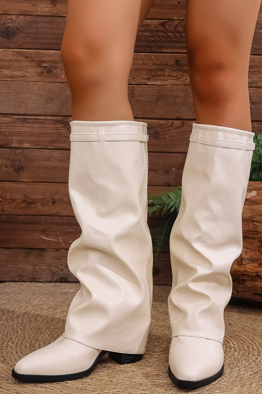 Daily Pointed Toe Folded Slouchy Strap PU Leather Chunky Heel Knee High Boots