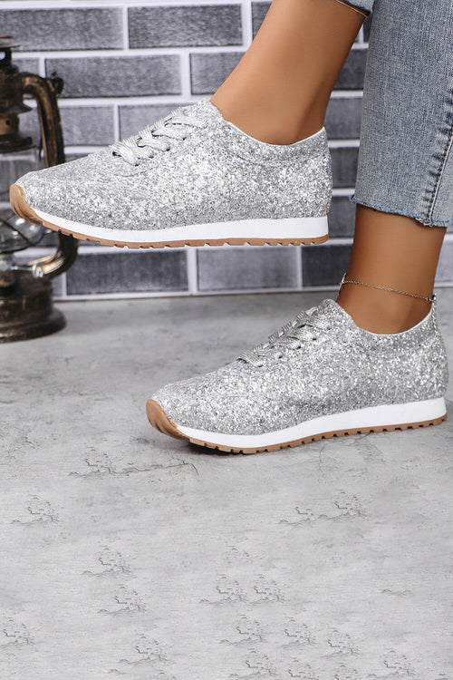 Casual Fashion Sequins Glitter Lace Up Running Shoes Sneakers