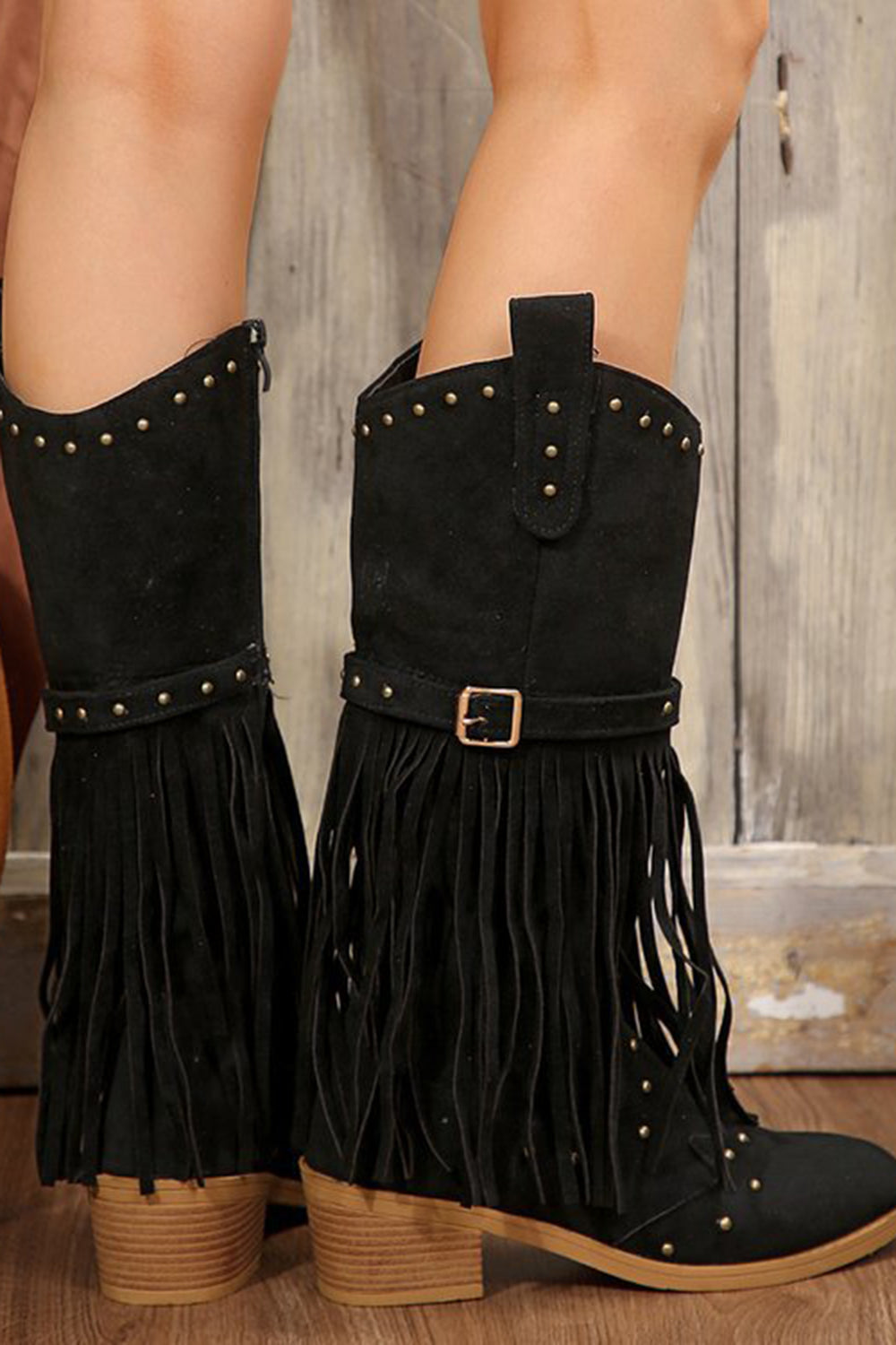 Vintage Black Chunky Heel Tassel Rivet Decor Zipper V-Cut Boots