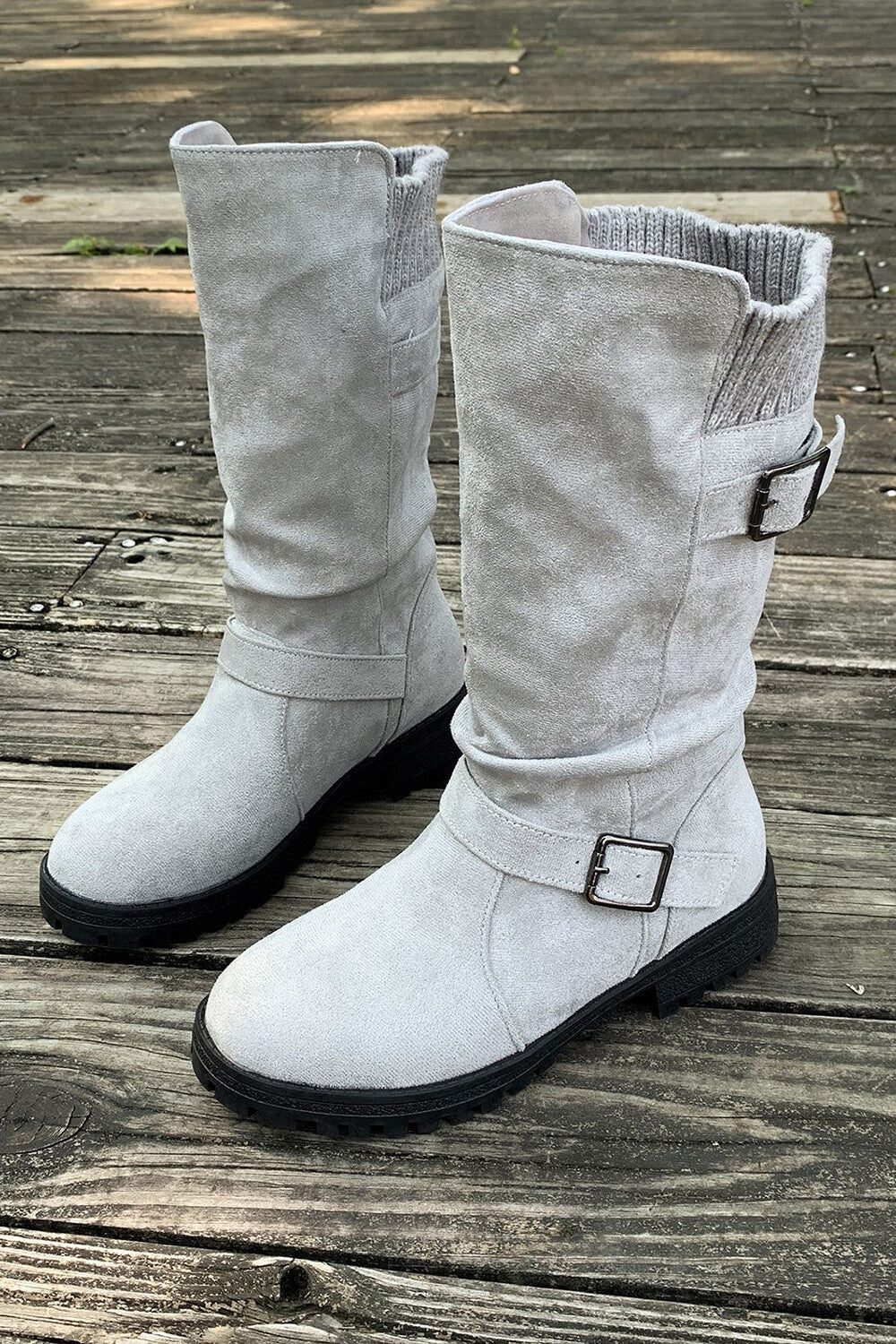 Retro Solid Color Round Toe Thick Heel Belt Buckle Suede Boots