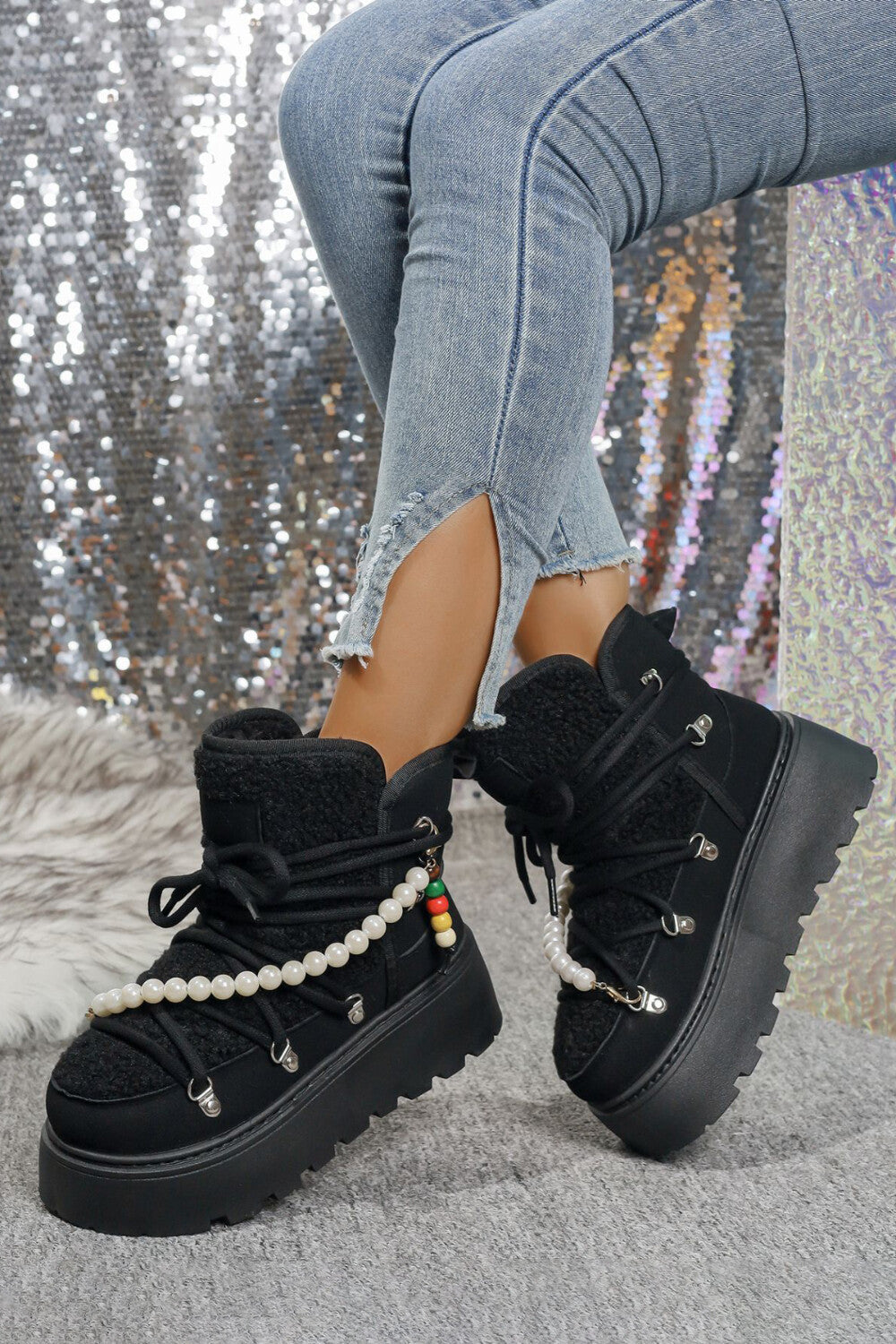 Daily Black Faux Fur Pearl Beads Strap Lace Up Platform Round Toe Boots