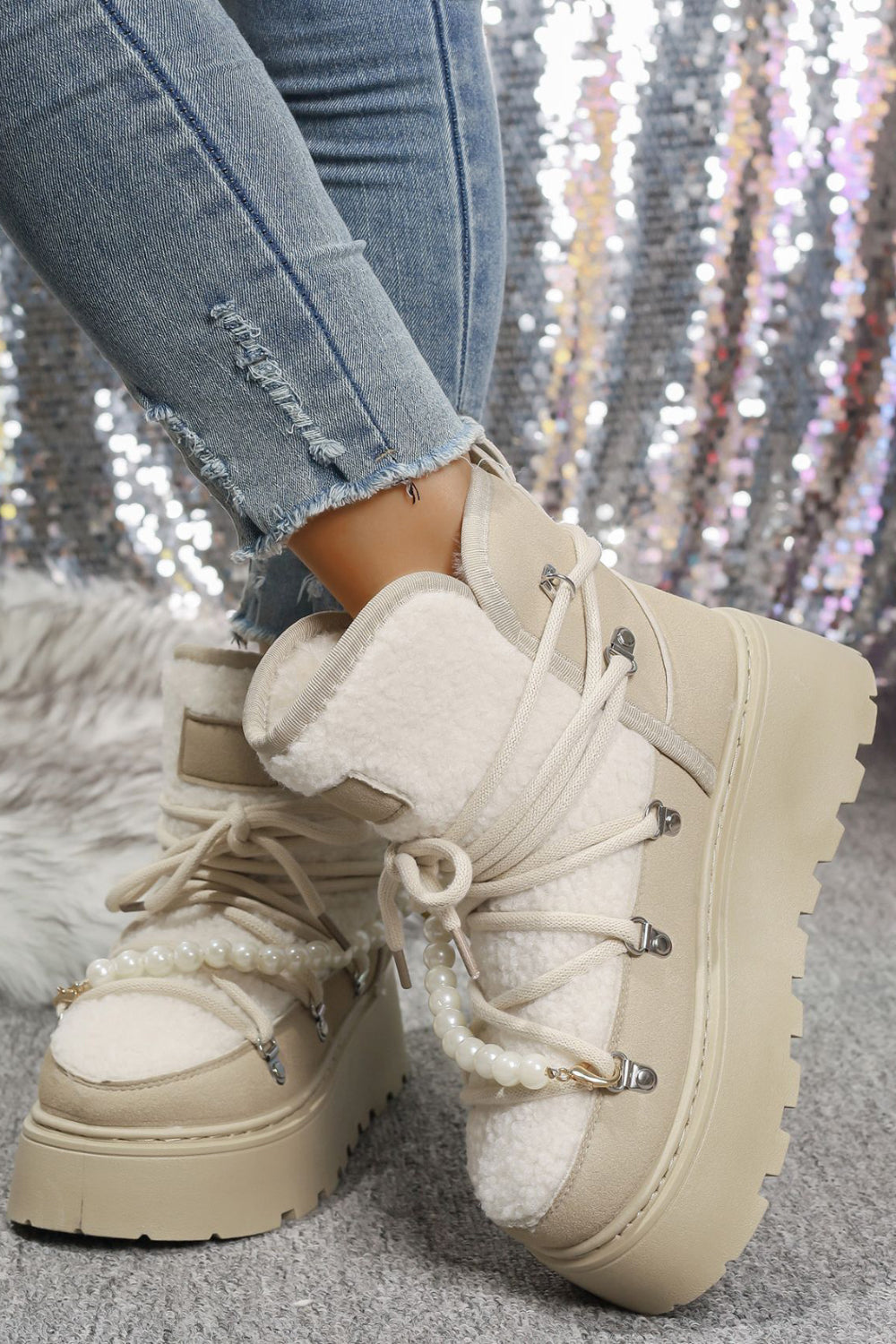 Daily Black Faux Fur Pearl Beads Strap Lace Up Platform Round Toe Boots