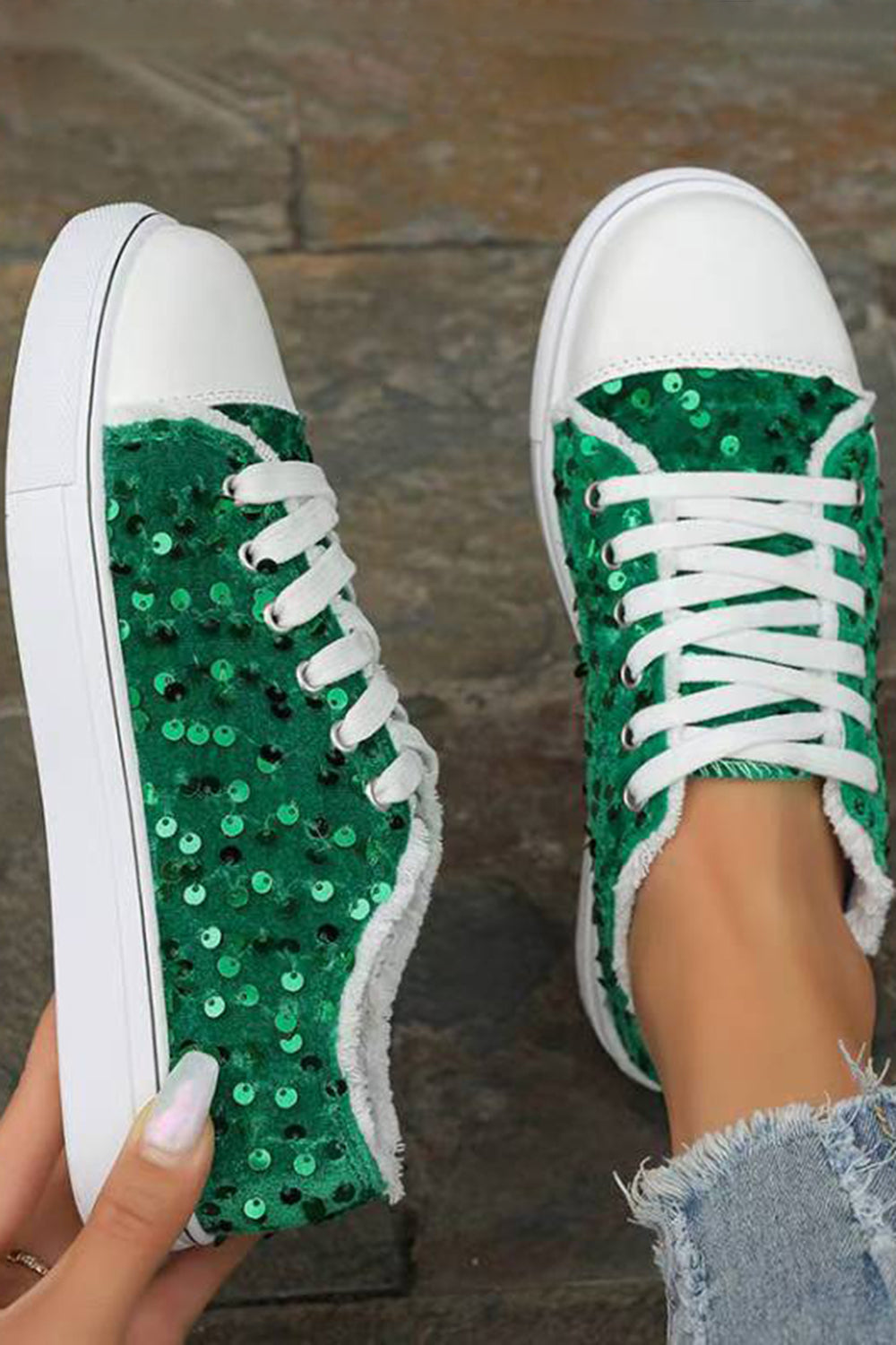 Daily Red Flat Bottom Lace Up Sequin Casual Shoes