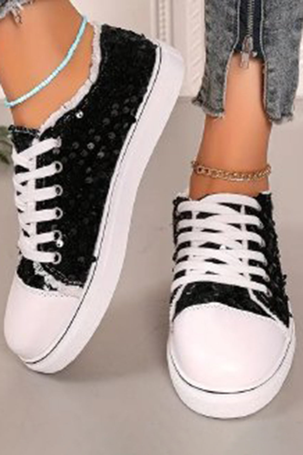 Daily Red Flat Bottom Lace Up Sequin Casual Shoes